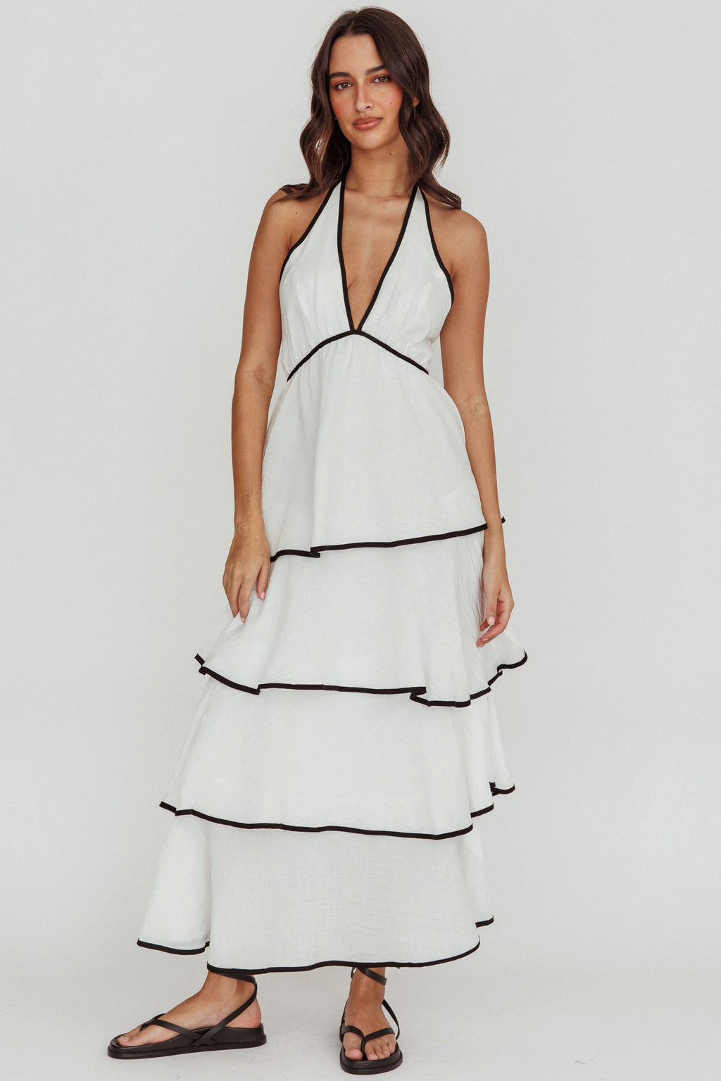 Catalina Tiered Ruffle Maxi Dress White/Black by Selfie Leslie