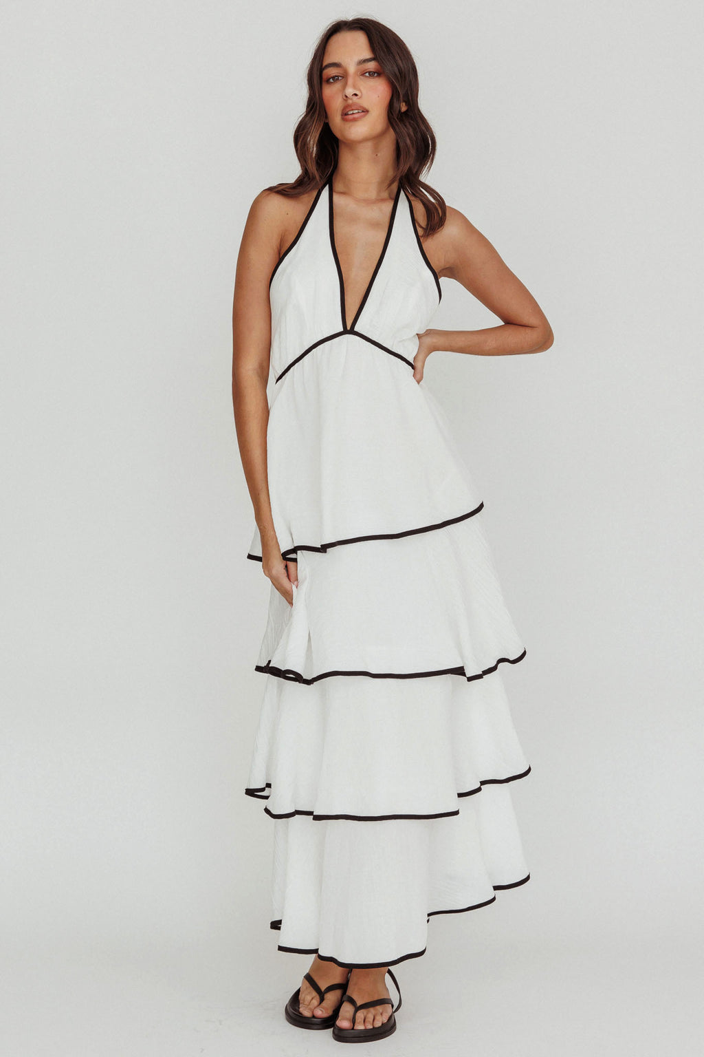 Catalina Tiered Ruffle Maxi Dress White/Black by Selfie Leslie