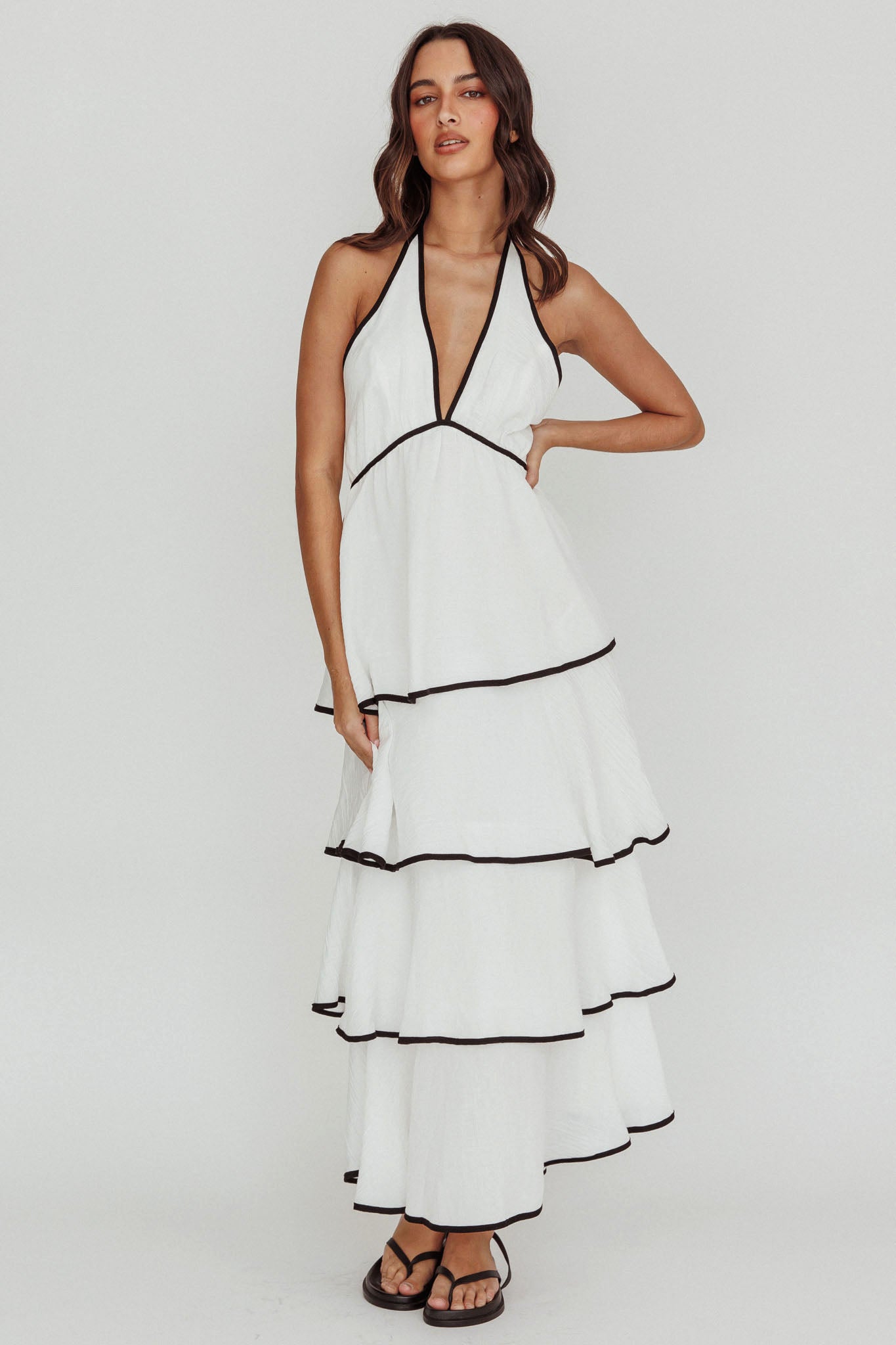 Catalina Tiered Ruffle Maxi Dress White/Black by Selfie Leslie