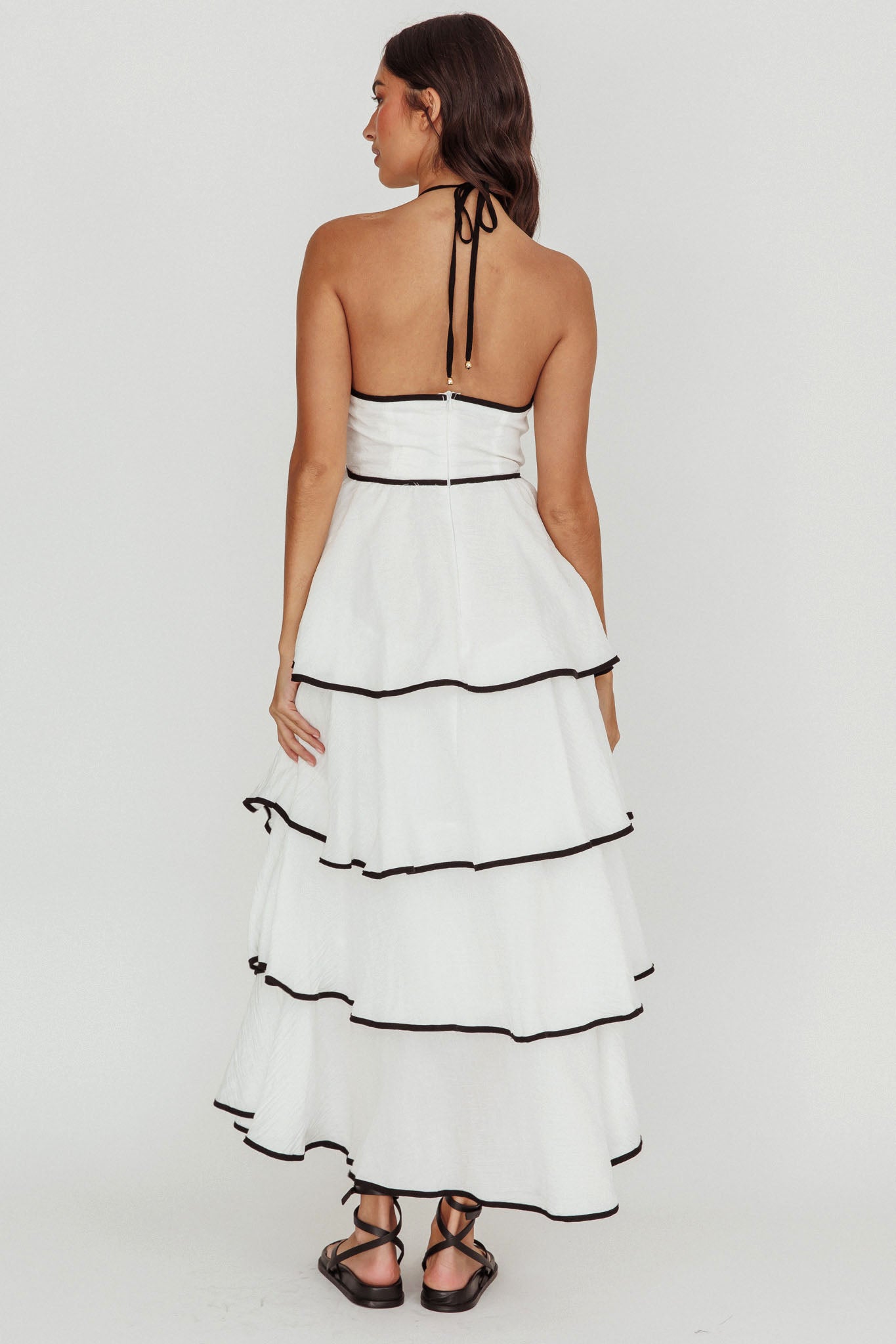 Catalina Tiered Ruffle Maxi Dress White/Black by Selfie Leslie