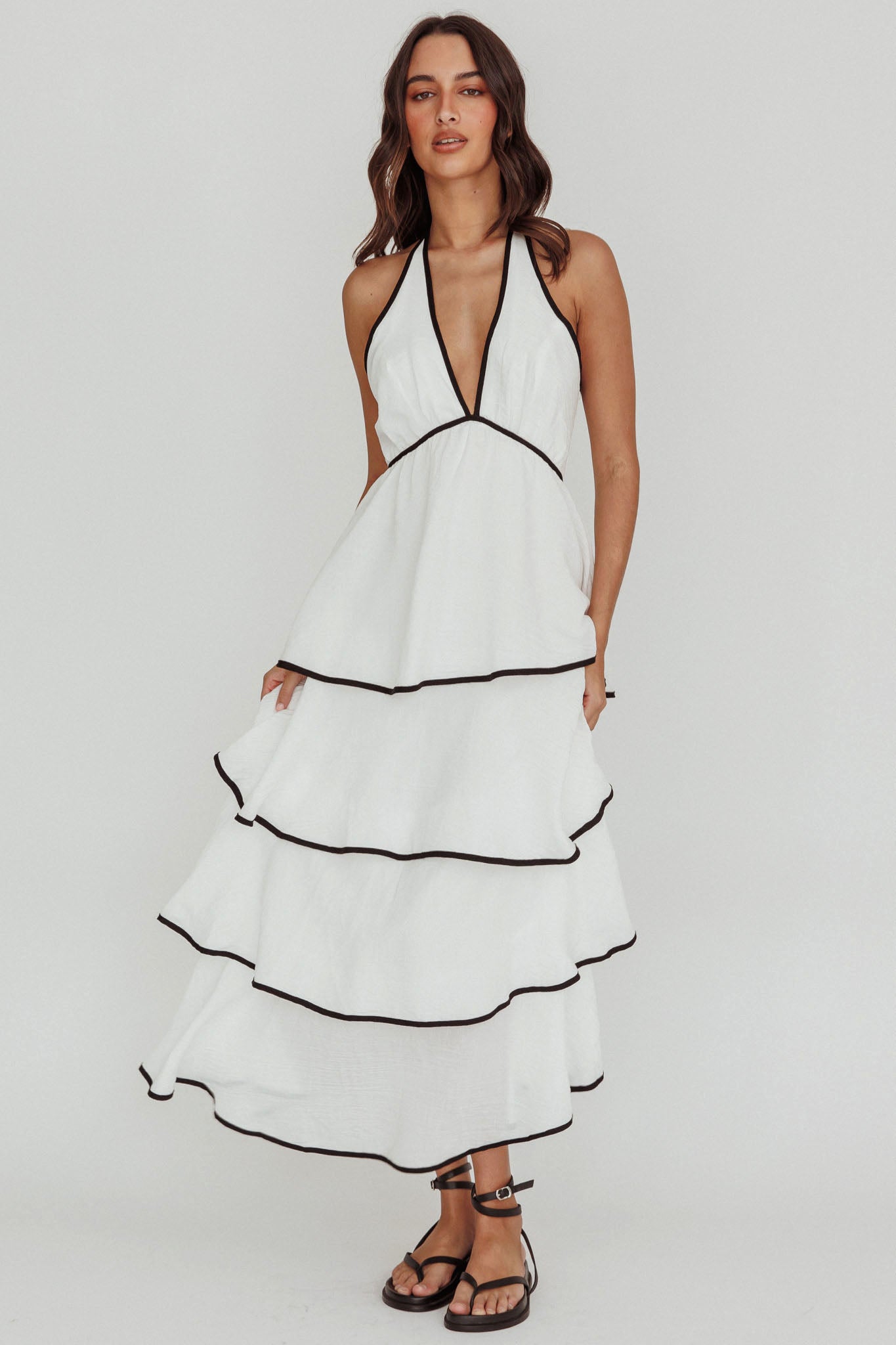 Catalina Tiered Ruffle Maxi Dress White/Black by Selfie Leslie
