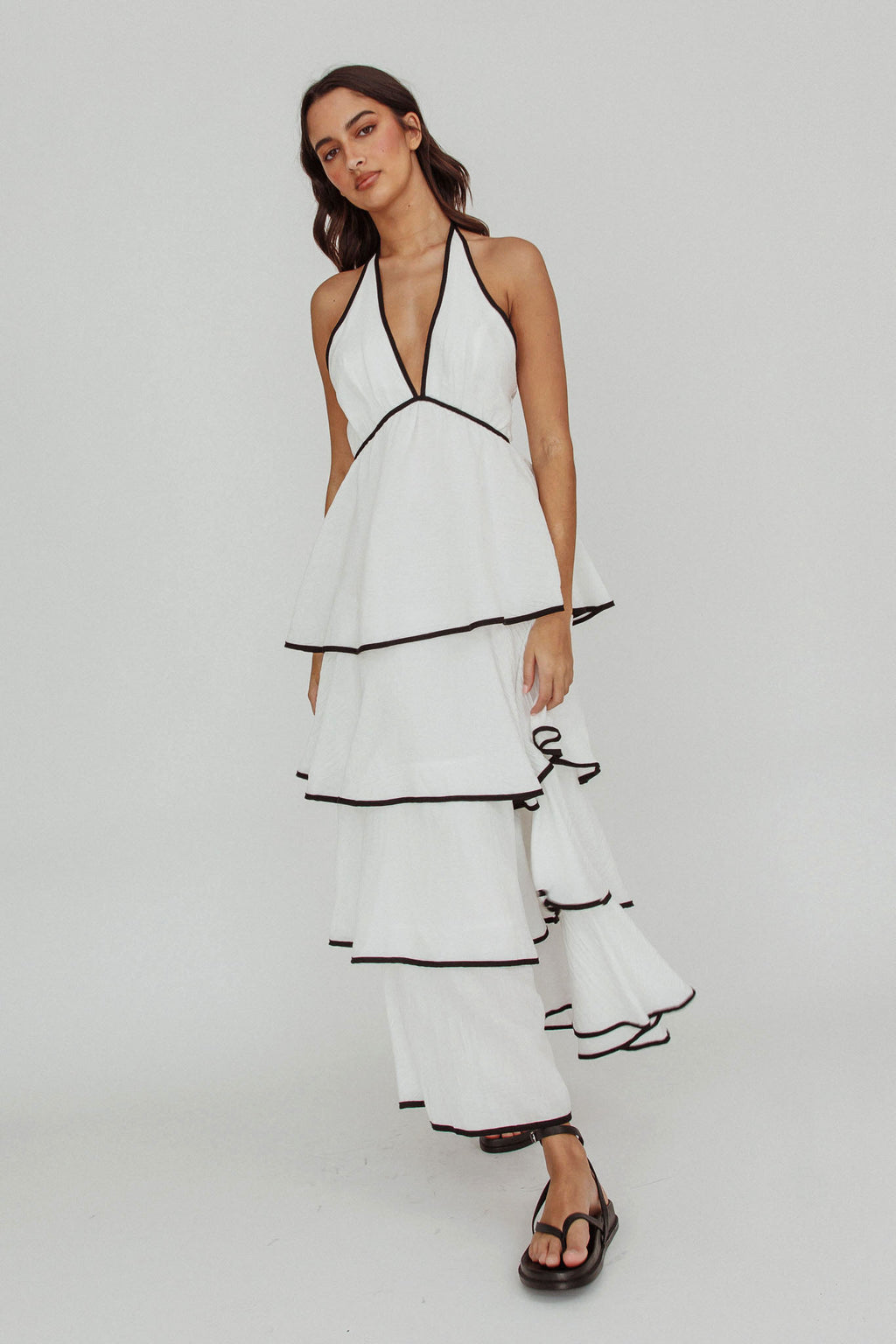 Catalina Tiered Ruffle Maxi Dress White/Black by Selfie Leslie