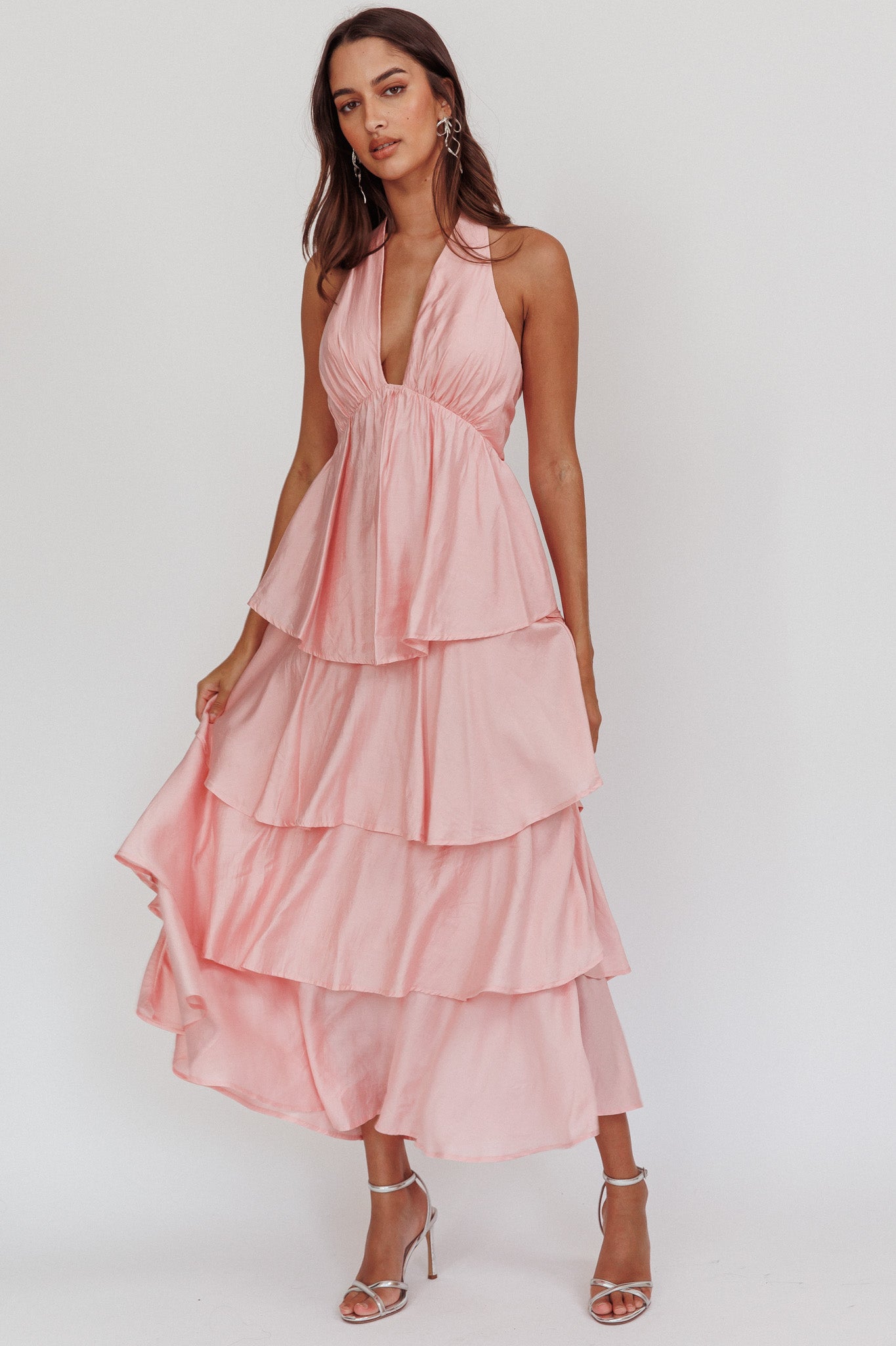 Spaghetti Strap Ruffled Skirt High-Slit Dress Dusty Rose main image 1