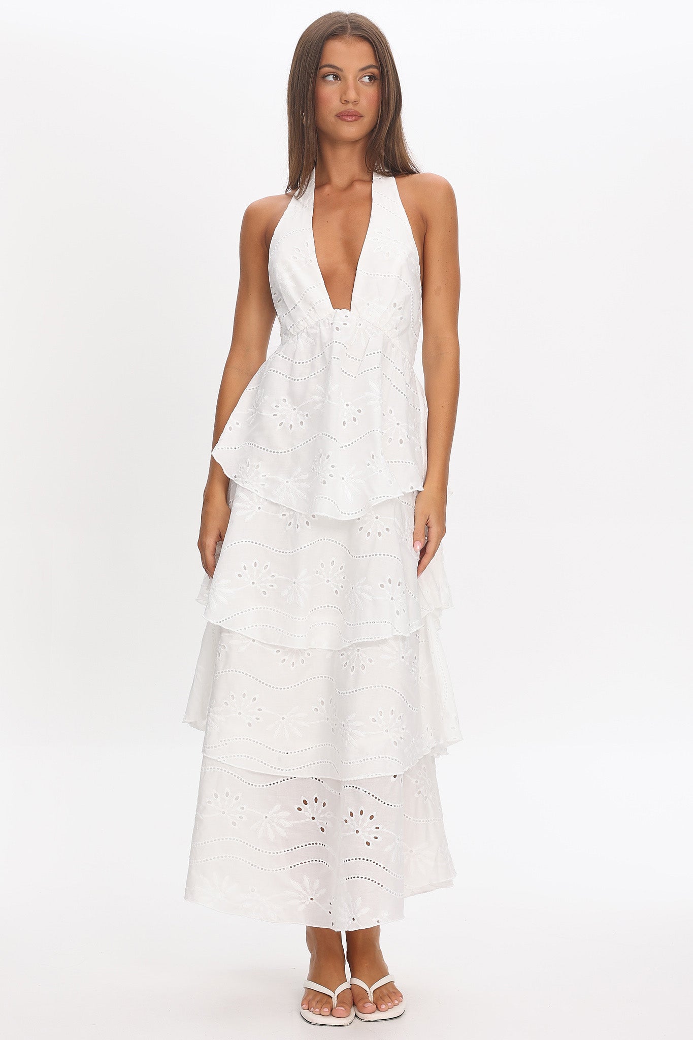 Catalina Tiered Halter Maxi Dress Eyelet White