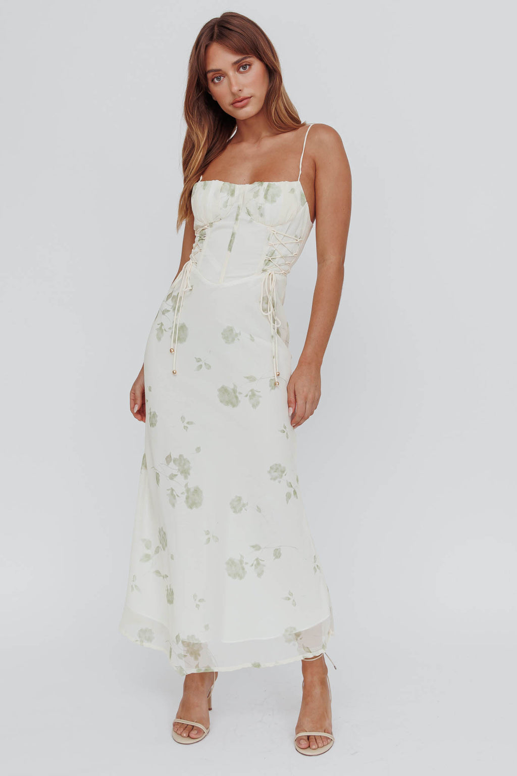 Graziella Laced Corset Midi Dress Floral Green by Selfie Leslie
