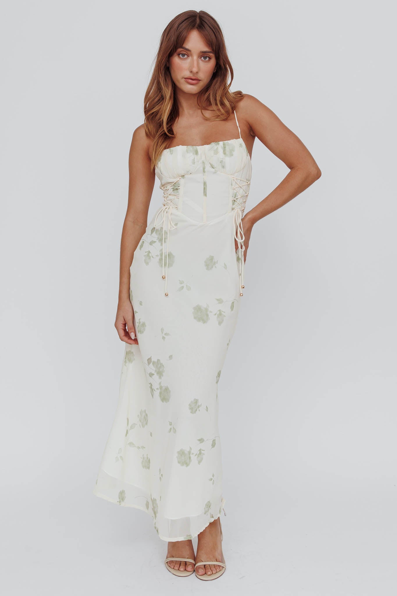 Graziella Laced Corset Midi Dress Floral Green by Selfie Leslie