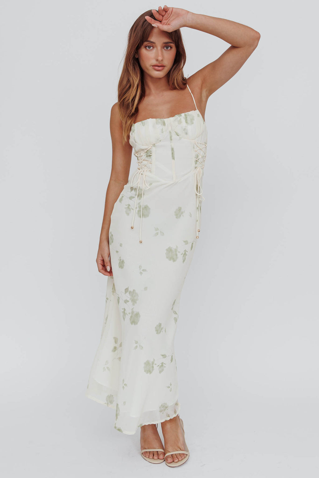 Graziella Laced Corset Midi Dress Floral Green by Selfie Leslie
