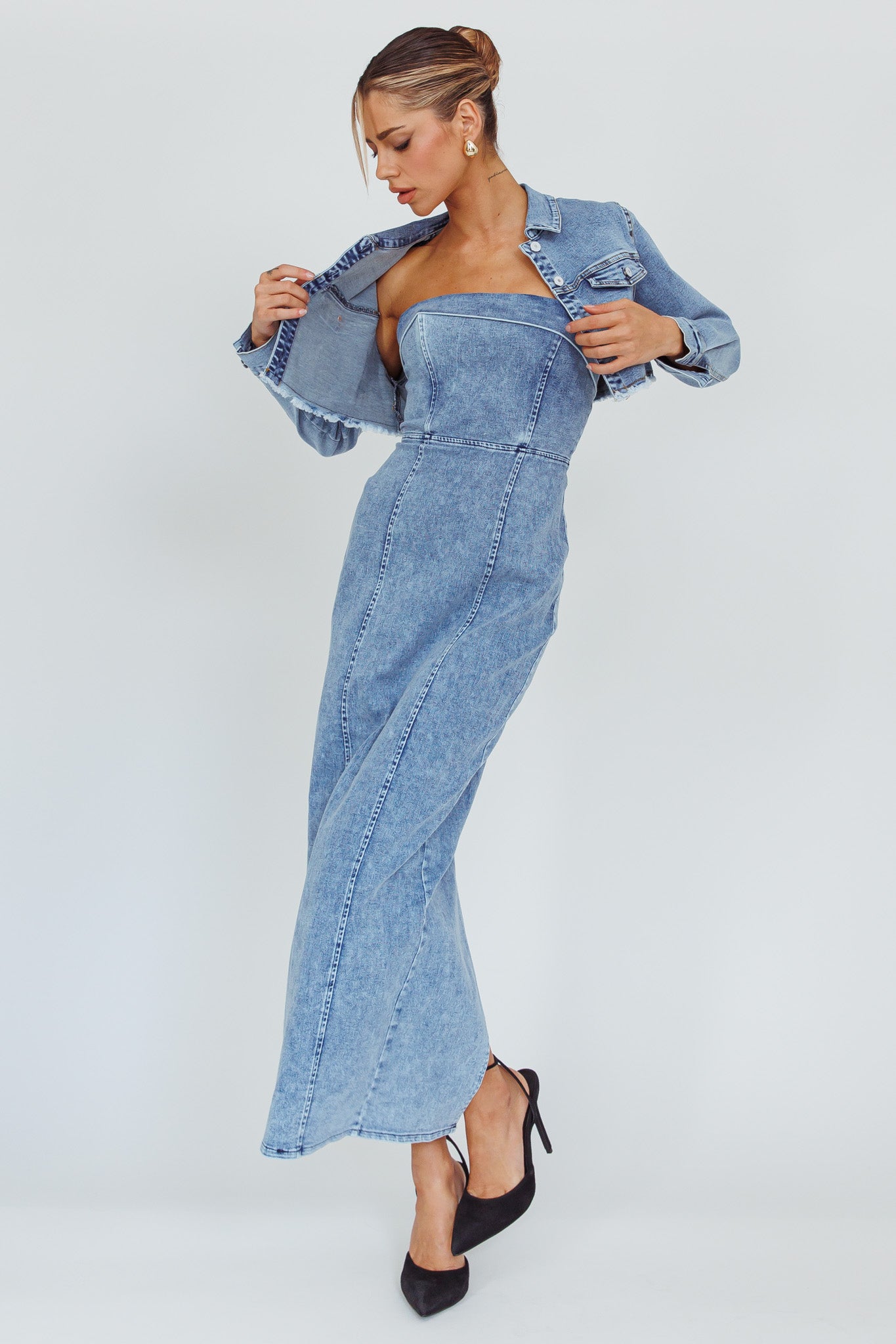 Press Play Strapless Maxi Dress Denim Blue by Selfie Leslie
