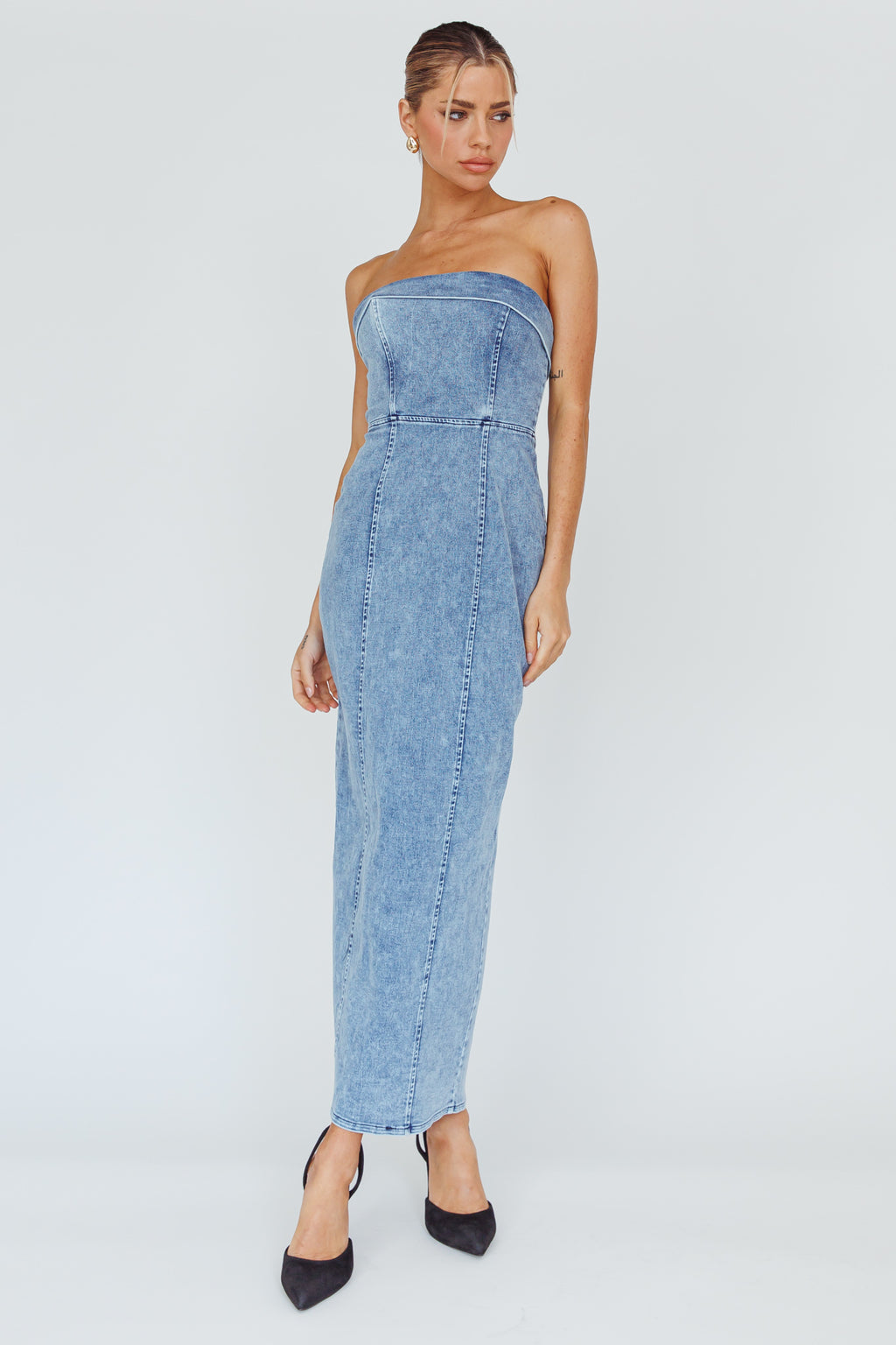 Press Play Strapless Maxi Dress Denim Blue by Selfie Leslie