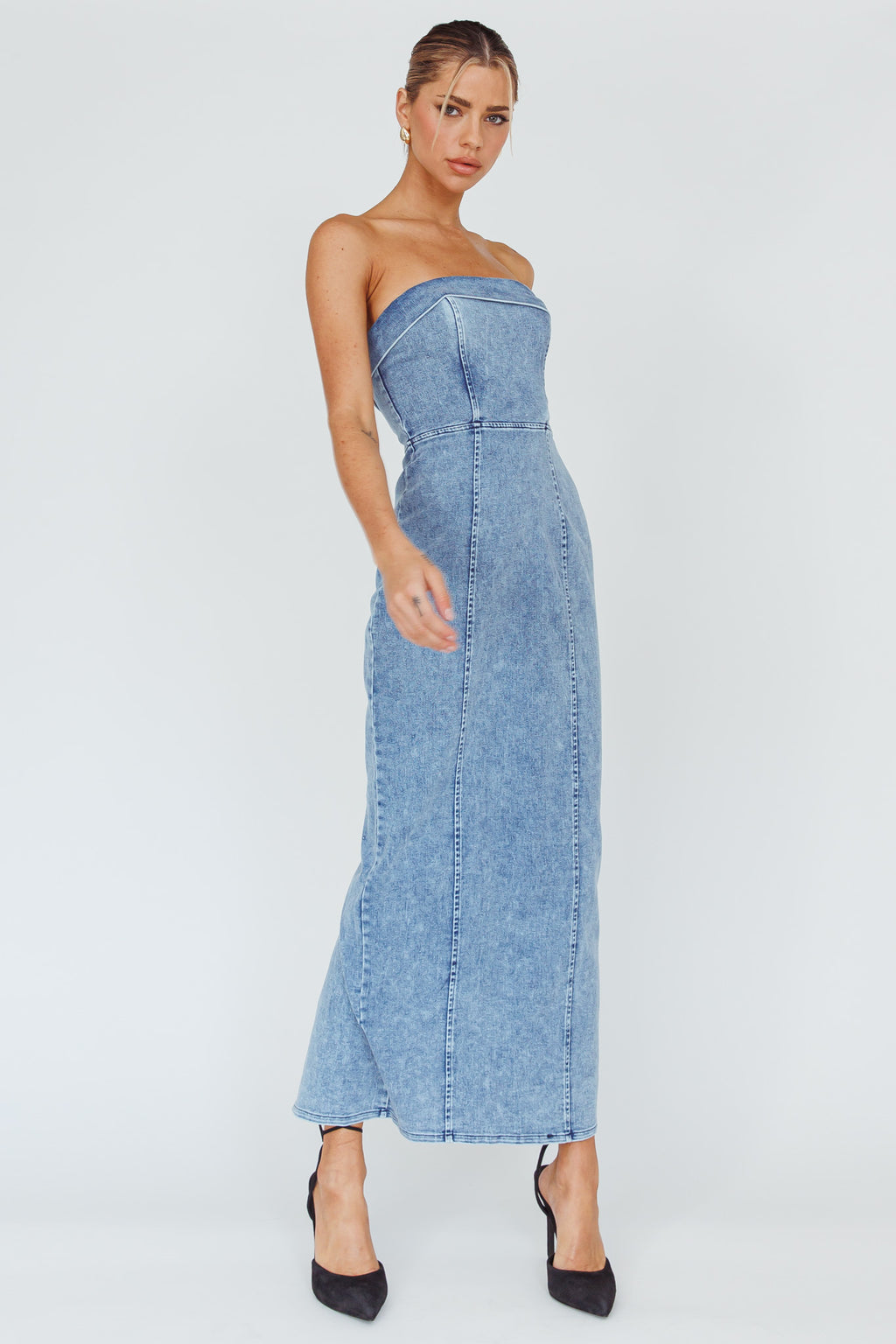 Press Play Strapless Maxi Dress Denim Blue by Selfie Leslie