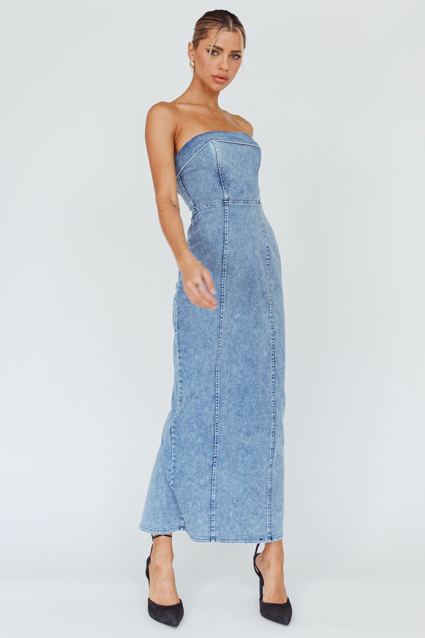 Press Play Strapless Maxi Dress Denim Blue by Selfie Leslie