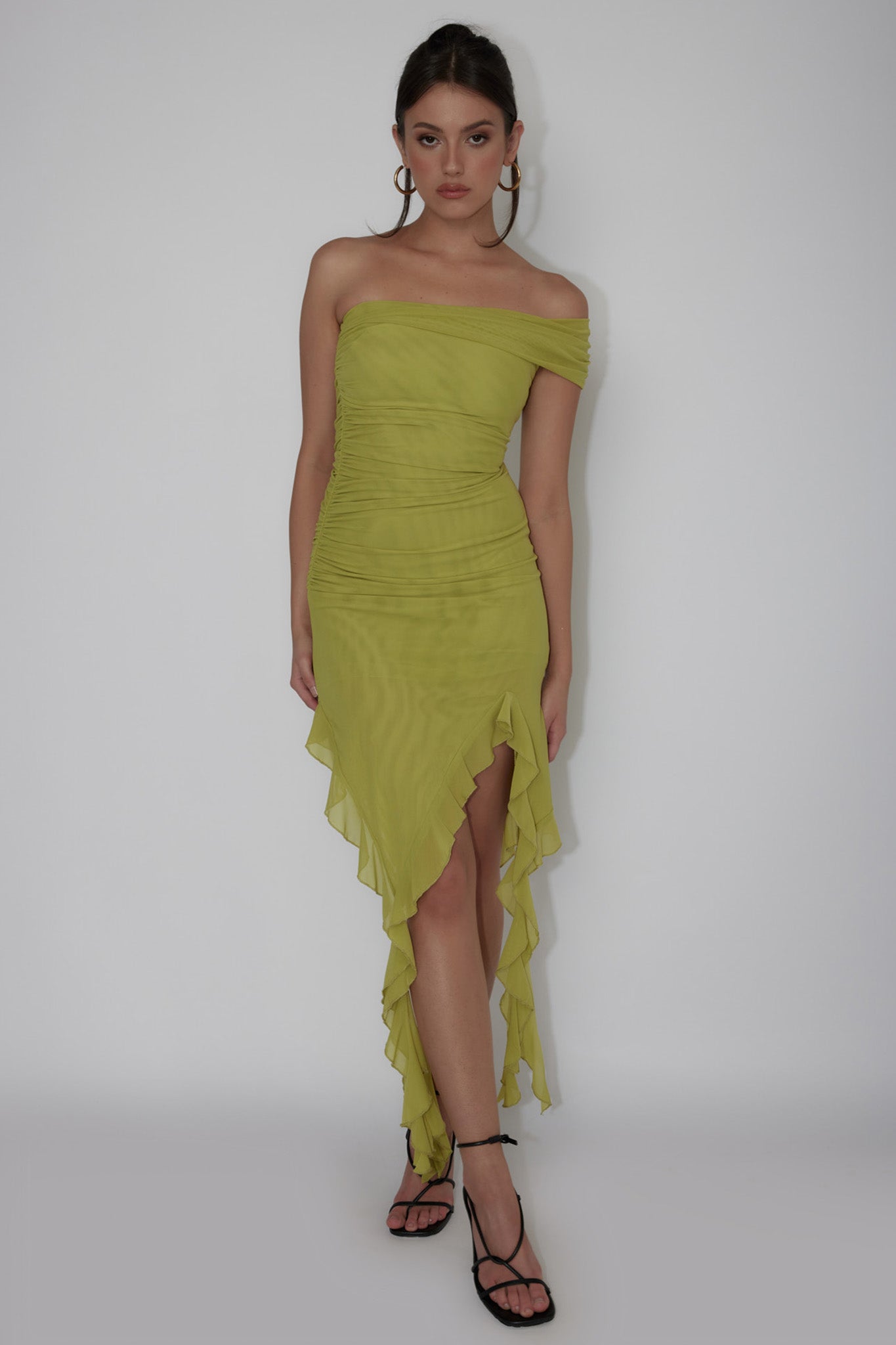 After Party One Sleeve Ruffle Mini Dress Lime by Selfie Leslie