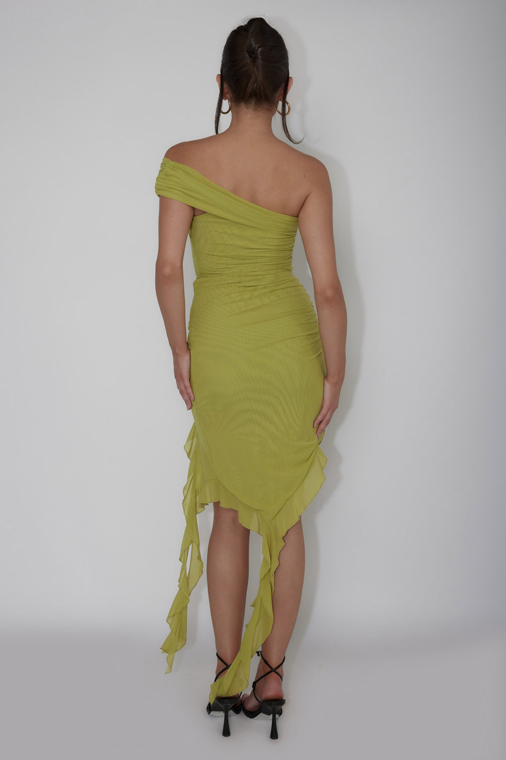 After Party One Sleeve Ruffle Mini Dress Lime by Selfie Leslie