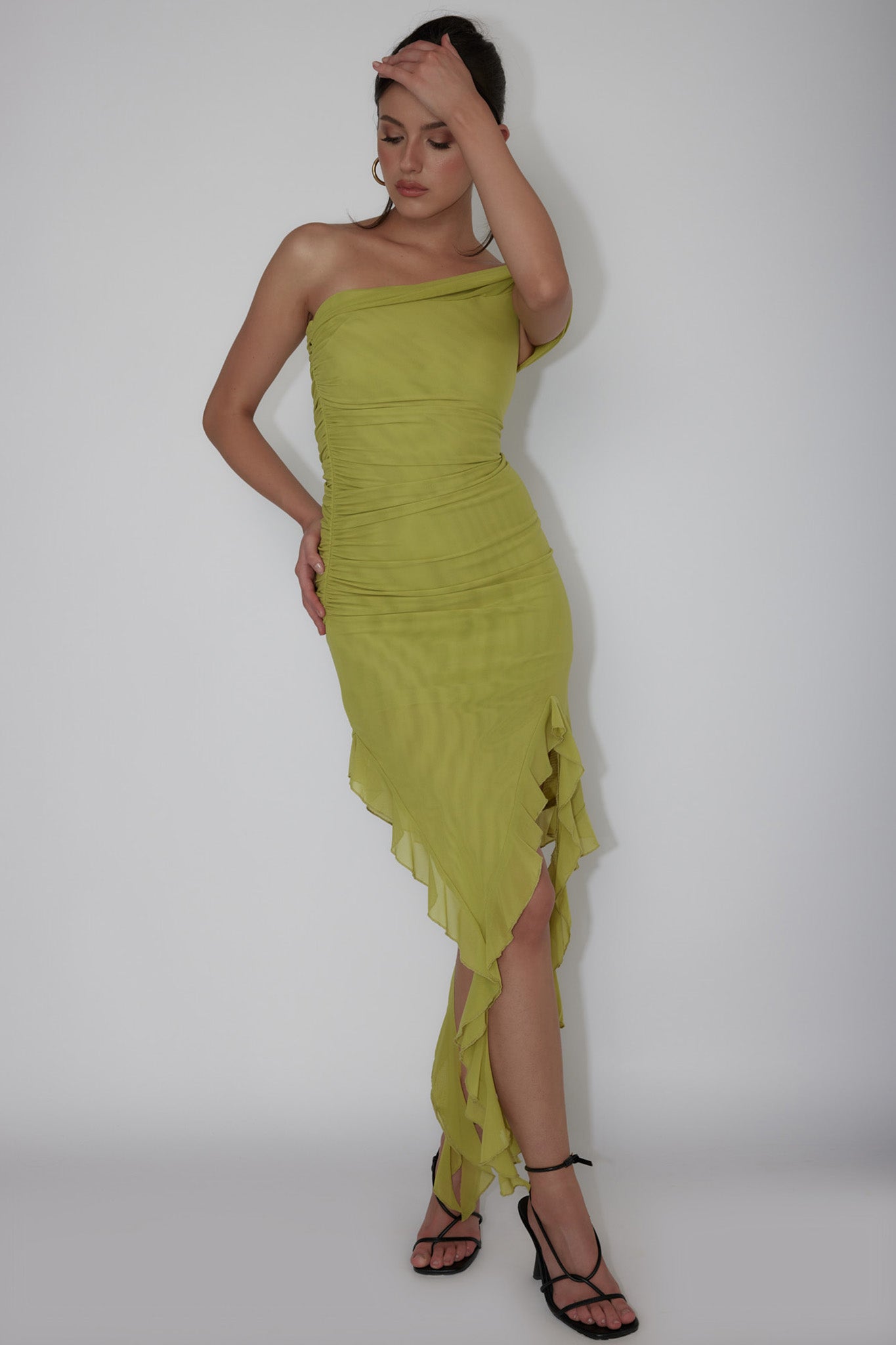 After Party One Sleeve Ruffle Mini Dress Lime by Selfie Leslie