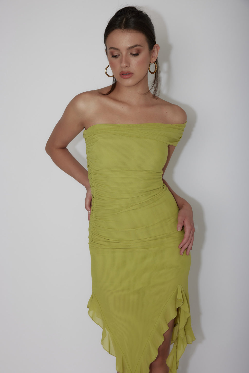 After Party One Sleeve Ruffle Mini Dress Lime by Selfie Leslie
