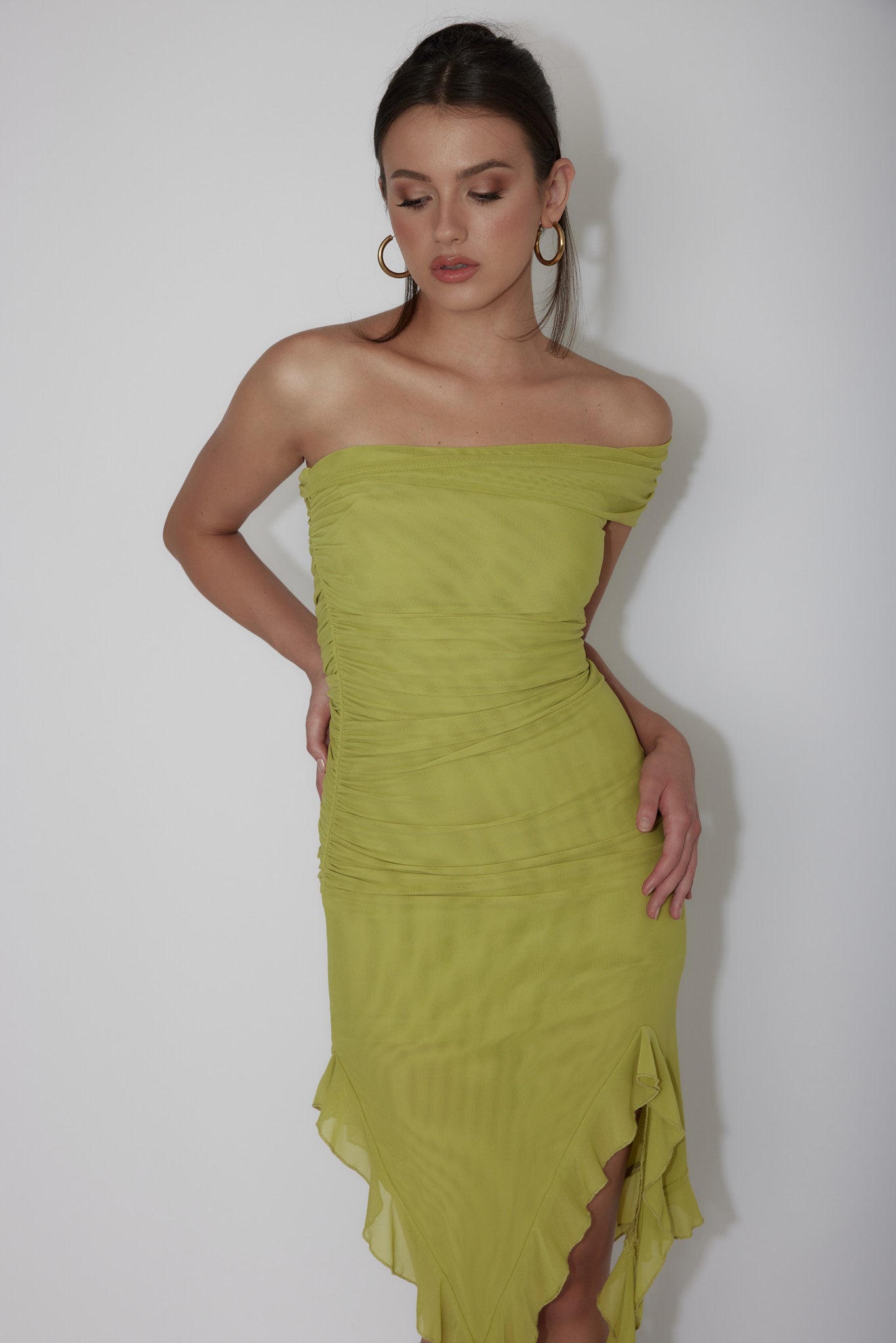 After Party One Sleeve Ruffle Mini Dress Lime by Selfie Leslie