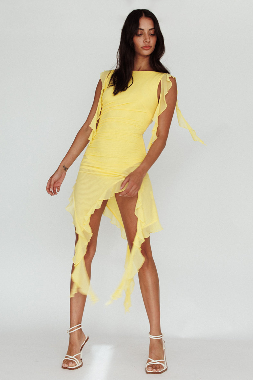 After Party Sleeveless Ruffle Trim Mini Dress Lemon by Selfie Leslie