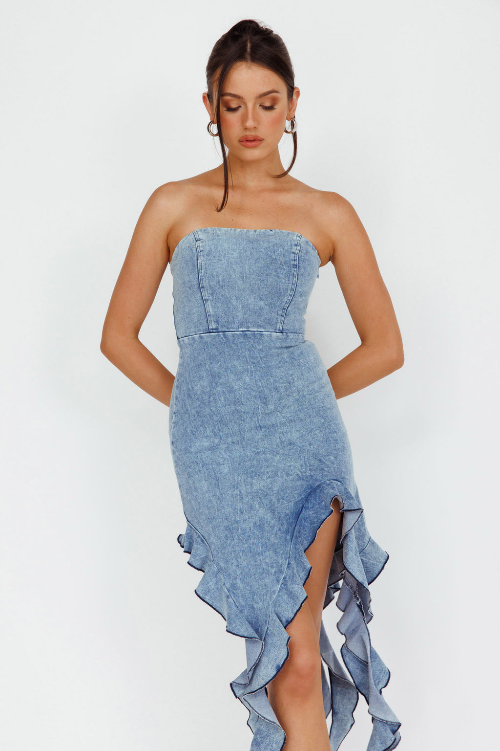 After Party Ruffle Trim Mini Dress Denim Blue by Selfie Leslie