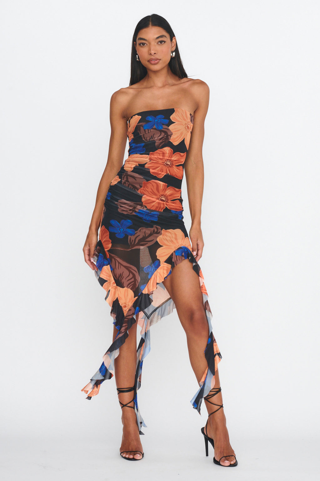 After Party Ruffle Trim Midi Dress Floral Black by Selfie Leslie