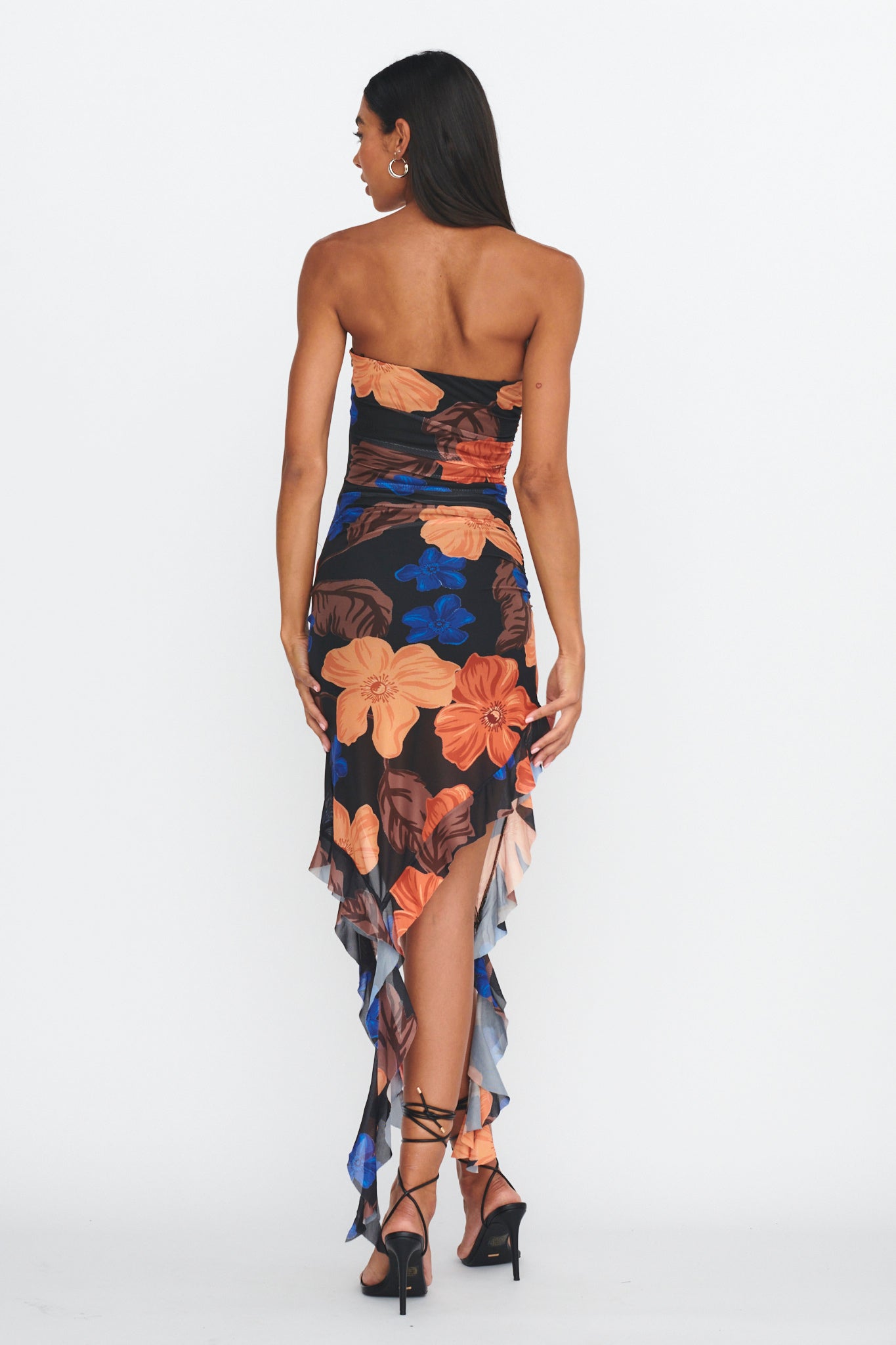 After Party Ruffle Trim Midi Dress Floral Black by Selfie Leslie