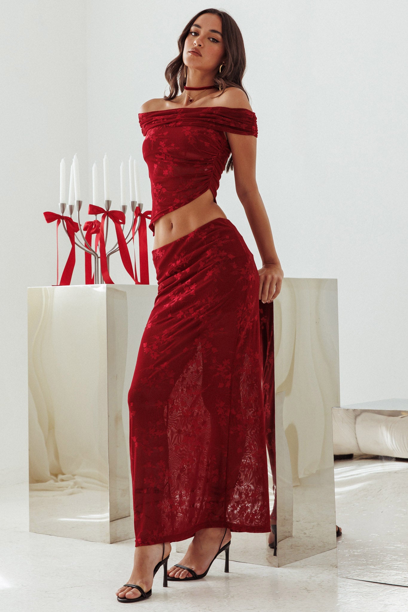 Shop the After Party Off-Shoulder Mesh Top Burgundy