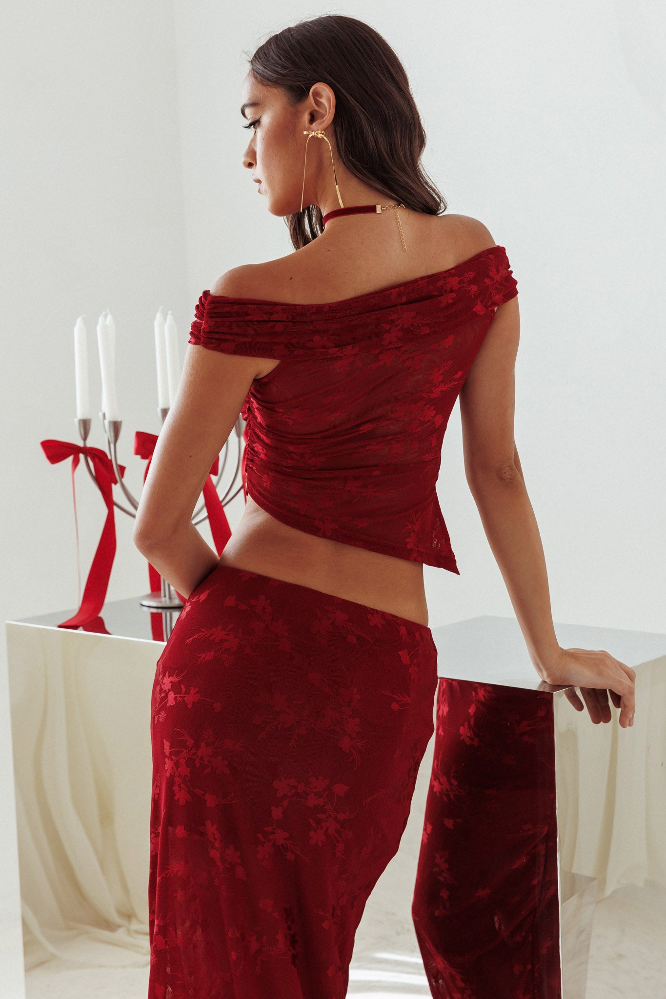 After Party Off-Shoulder Mesh Top Burgundy by Selfie Leslie