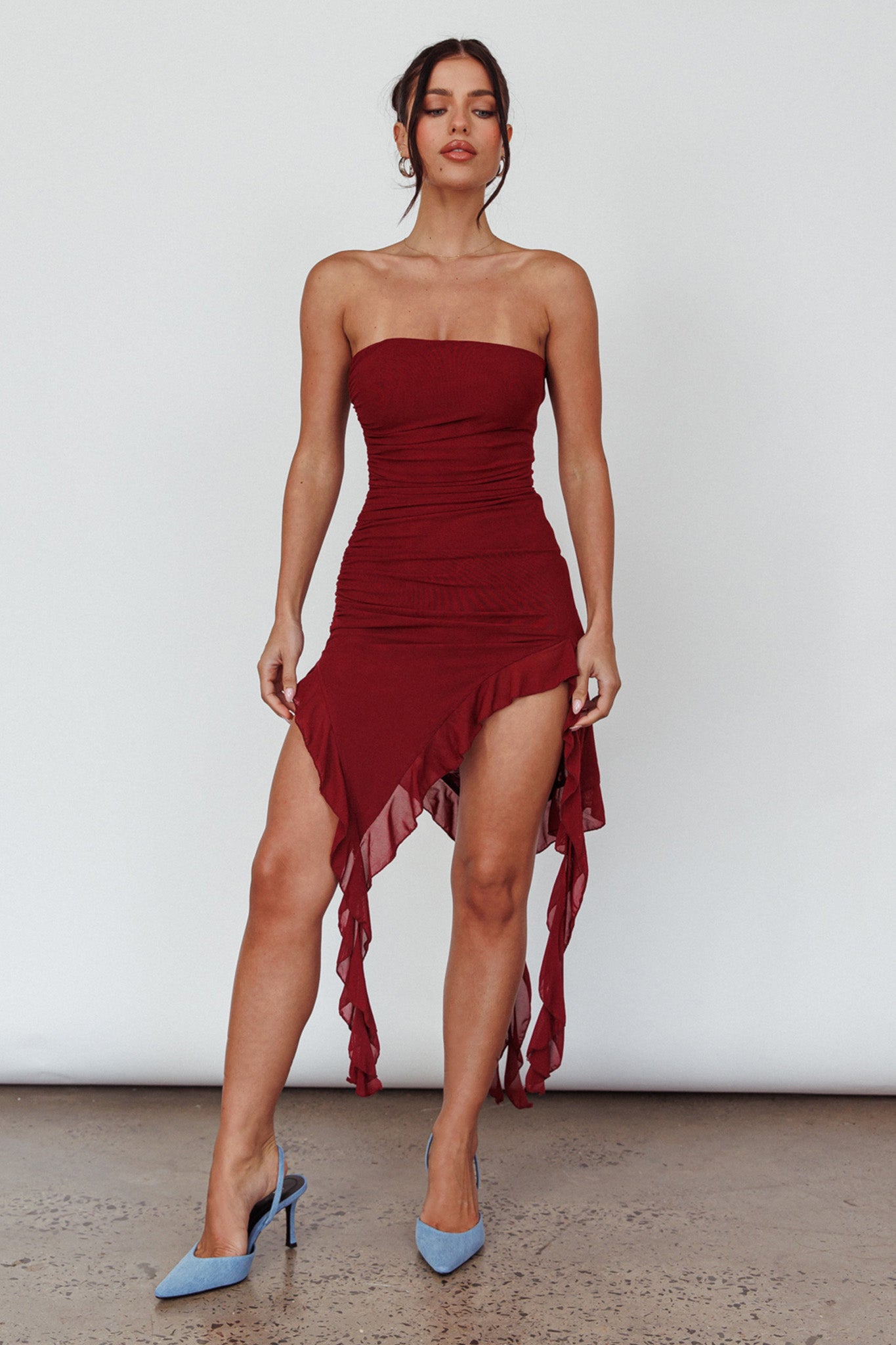 After Party Ruffle Trim Mini Dress Sangria by Selfie Leslie