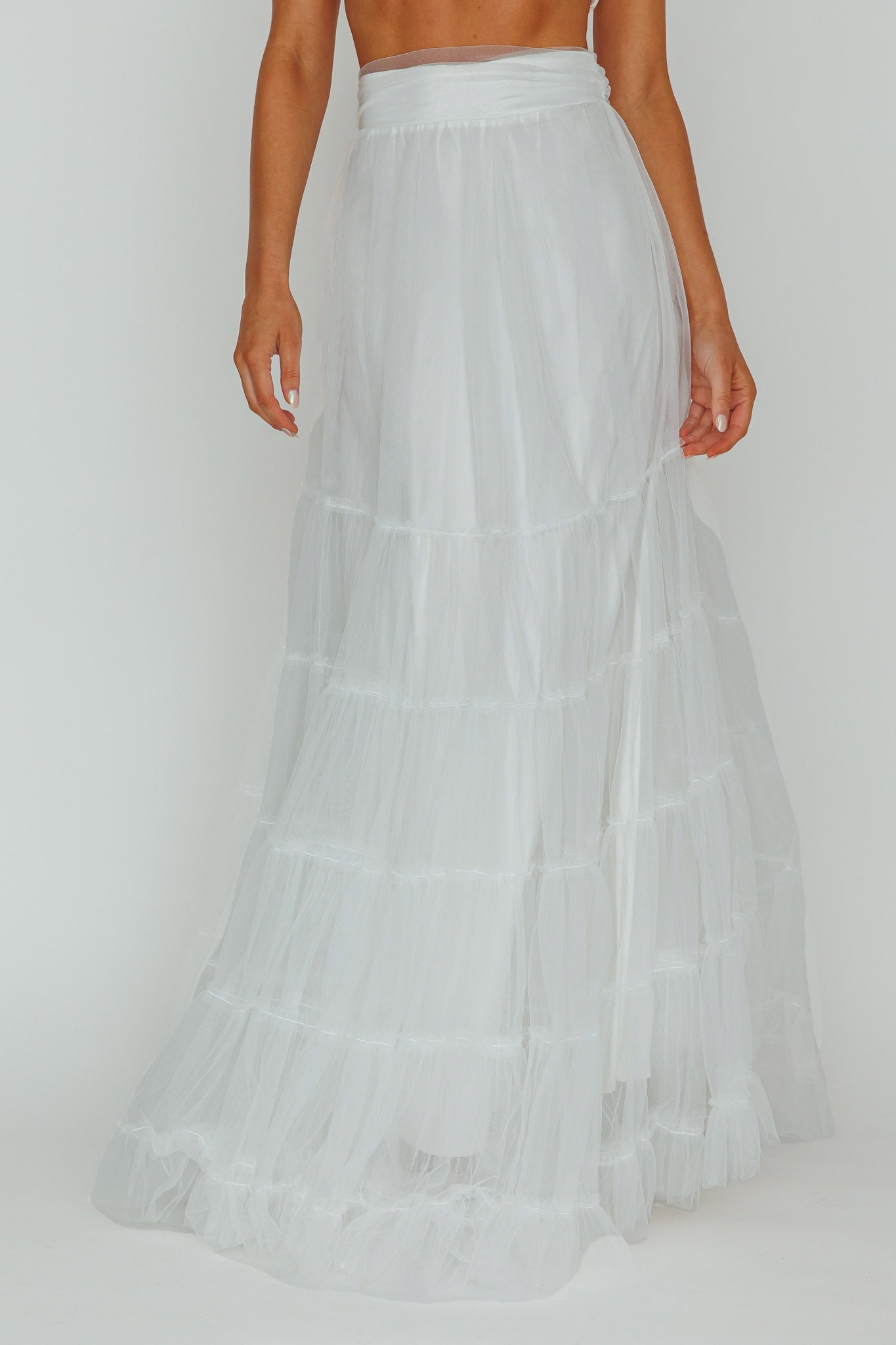 Mavis Mesh Overlay Maxi Skirt White by Selfie Leslie