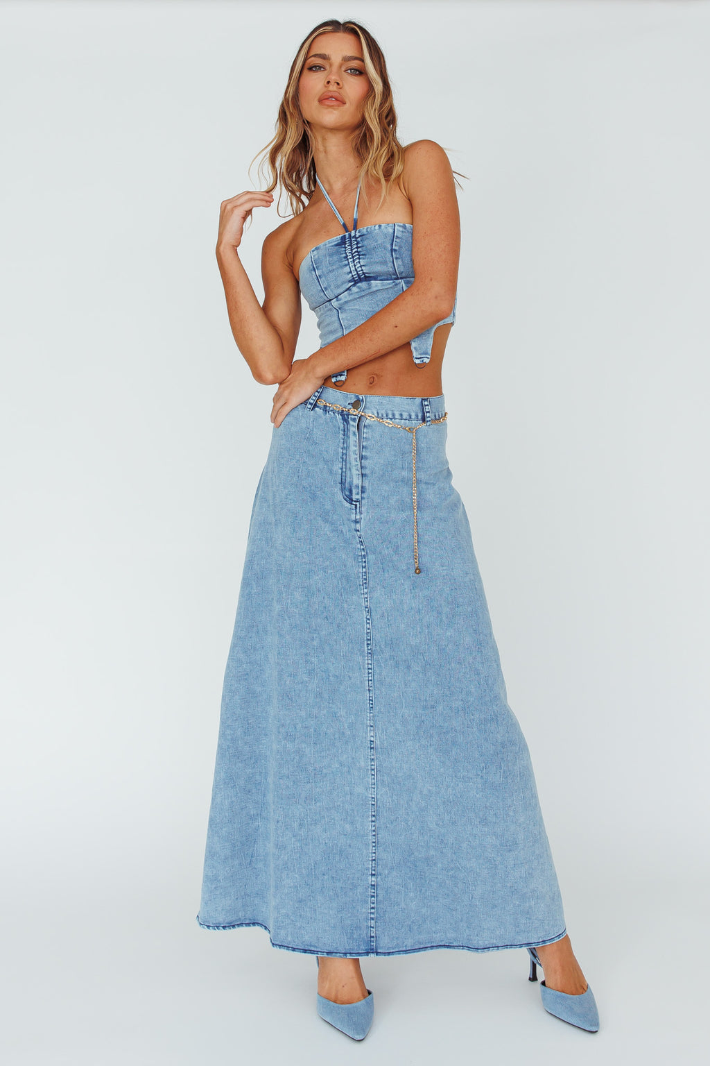Romcom Halterneck Crop Top Denim Blue by Selfie Leslie