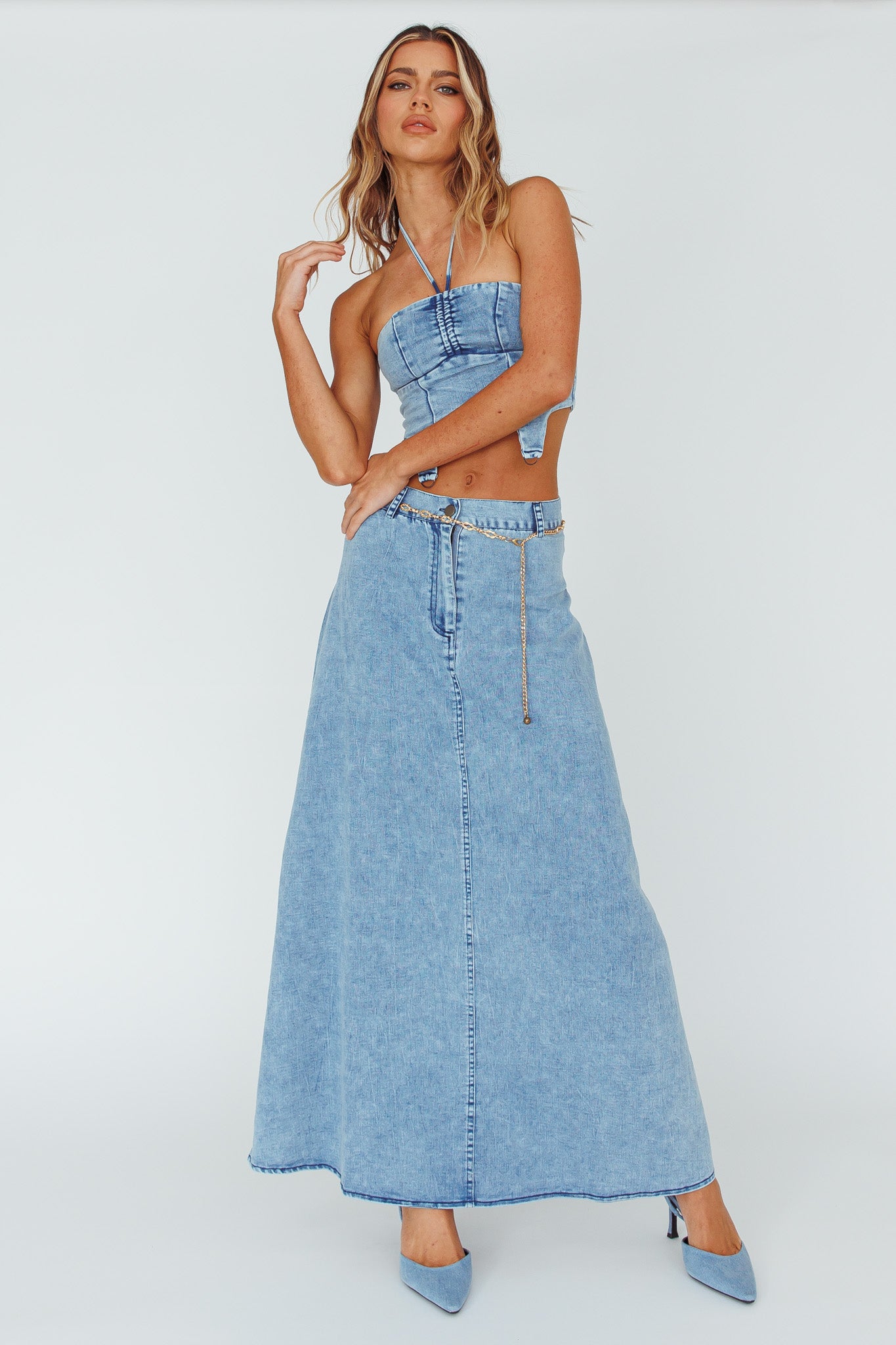 Romcom Halterneck Crop Top Denim Blue by Selfie Leslie