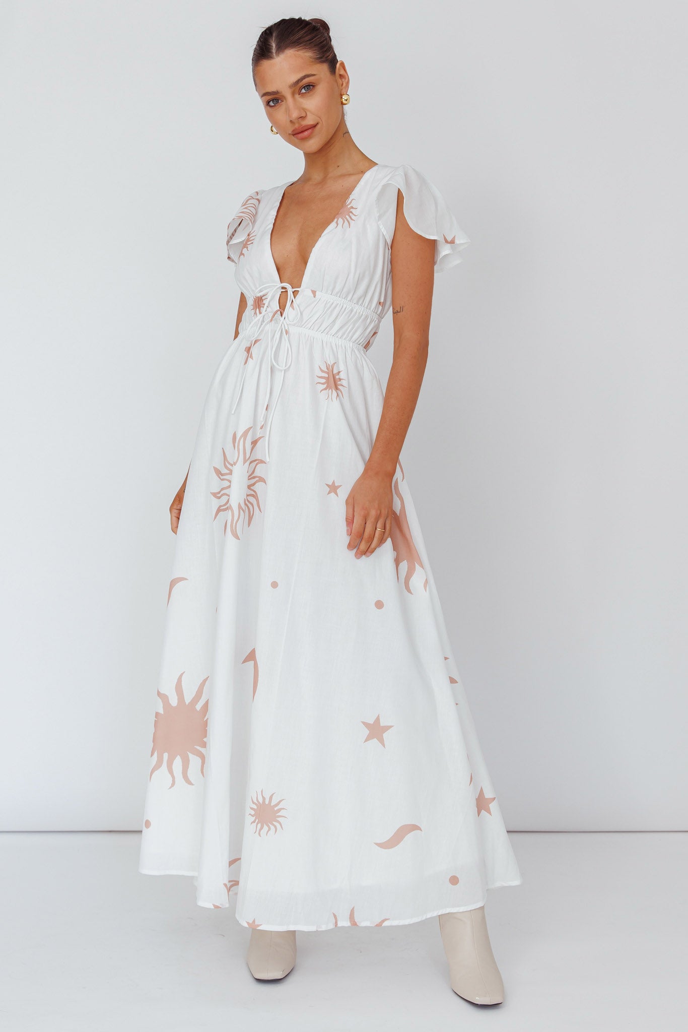 Carnivale Angel Sleeve Maxi Dress White/Beige by Selfie Leslie