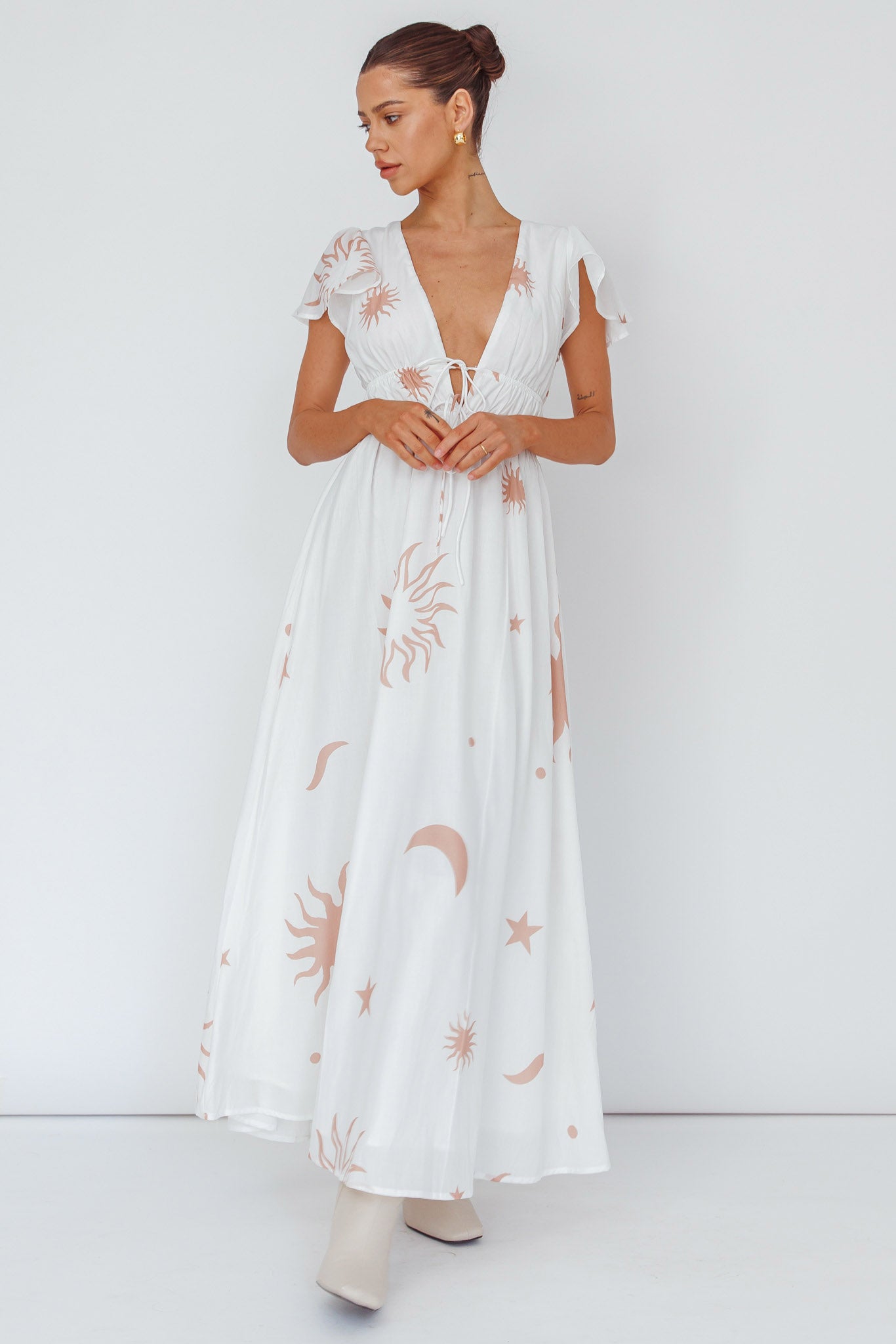 Carnivale Angel Sleeve Maxi Dress White/Beige by Selfie Leslie