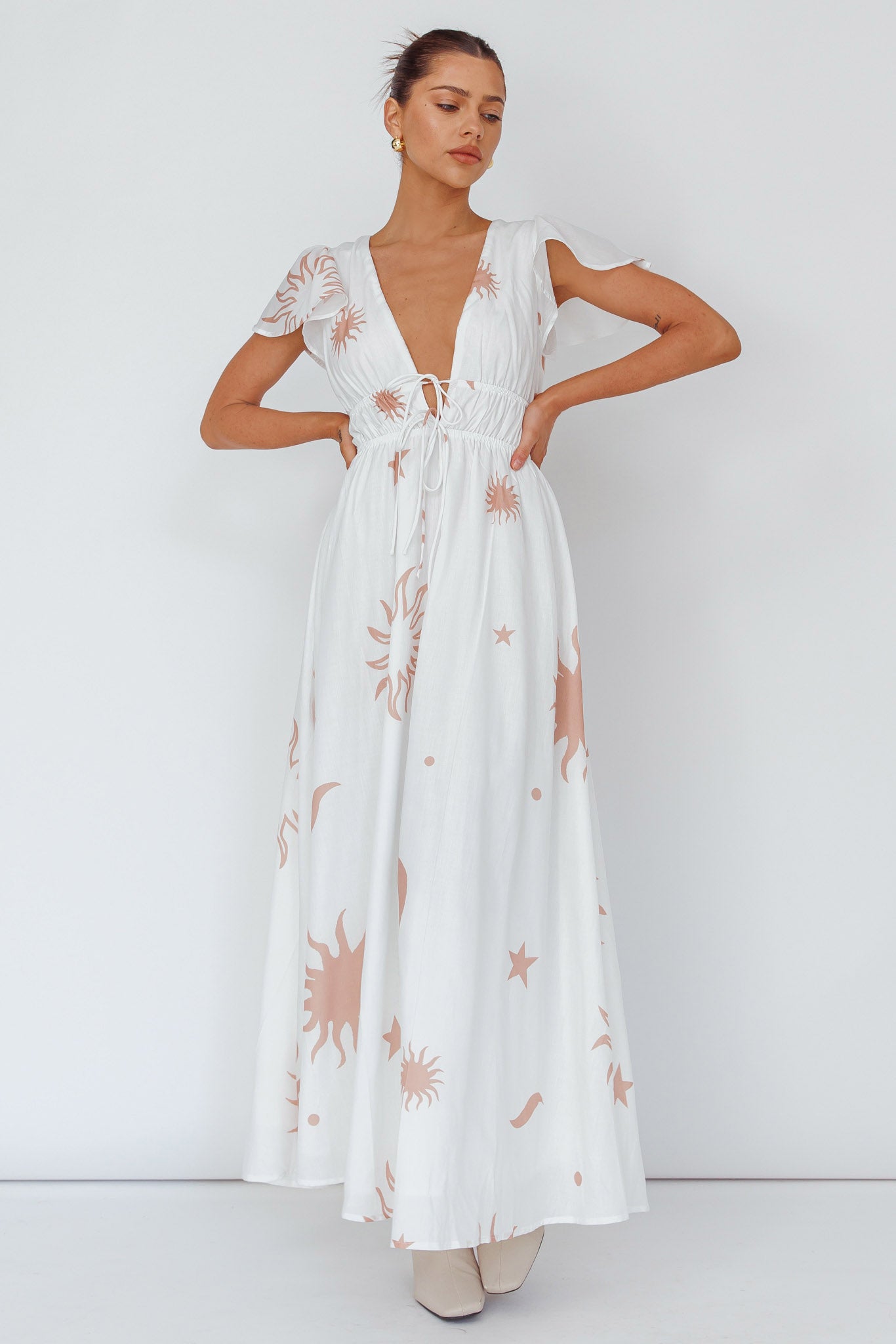 Carnivale Angel Sleeve Maxi Dress White/Beige by Selfie Leslie