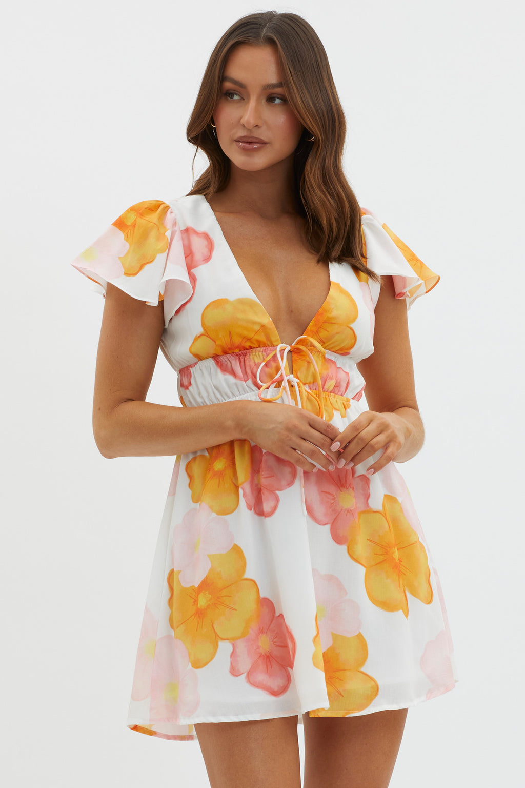 Carnivale Angel Sleeve Mini Dress Floral Orange by Selfie Leslie