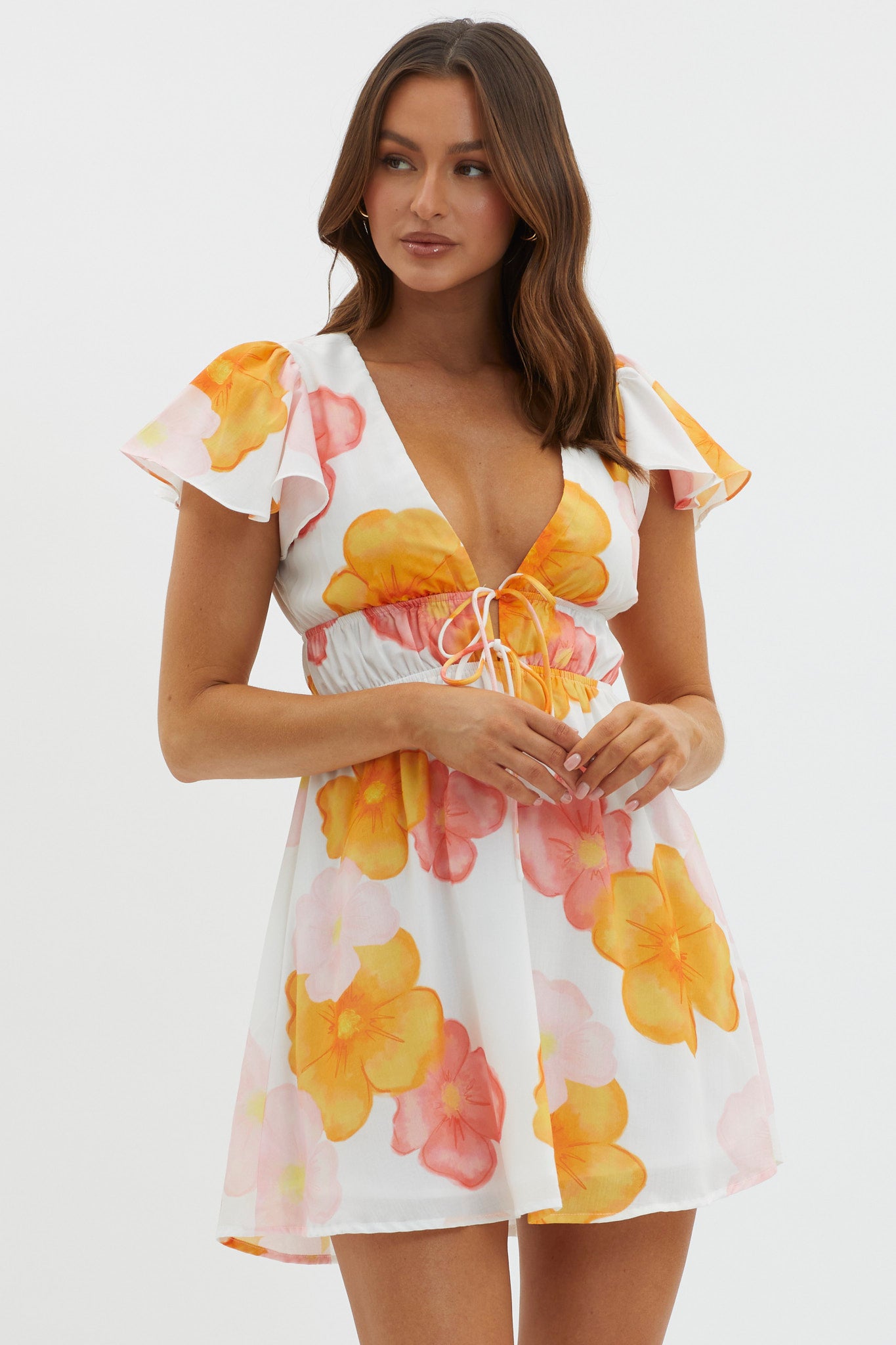 Carnivale Angel Sleeve Mini Dress Floral Orange by Selfie Leslie
