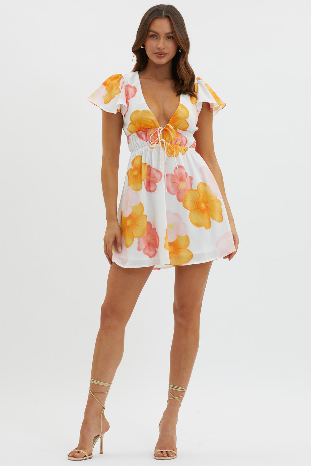 Carnivale Angel Sleeve Mini Dress Floral Orange by Selfie Leslie