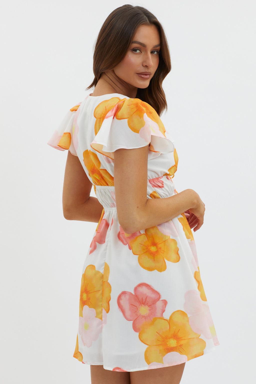 Carnivale Angel Sleeve Mini Dress Floral Orange by Selfie Leslie