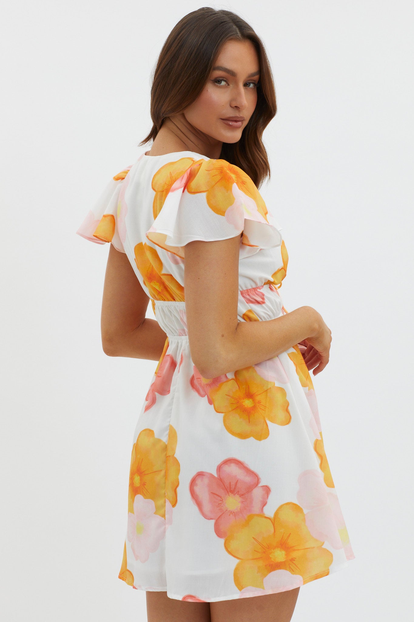 Carnivale Angel Sleeve Mini Dress Floral Orange by Selfie Leslie