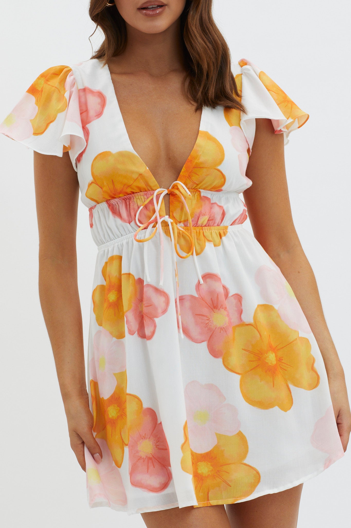 Carnivale Angel Sleeve Mini Dress Floral Orange by Selfie Leslie