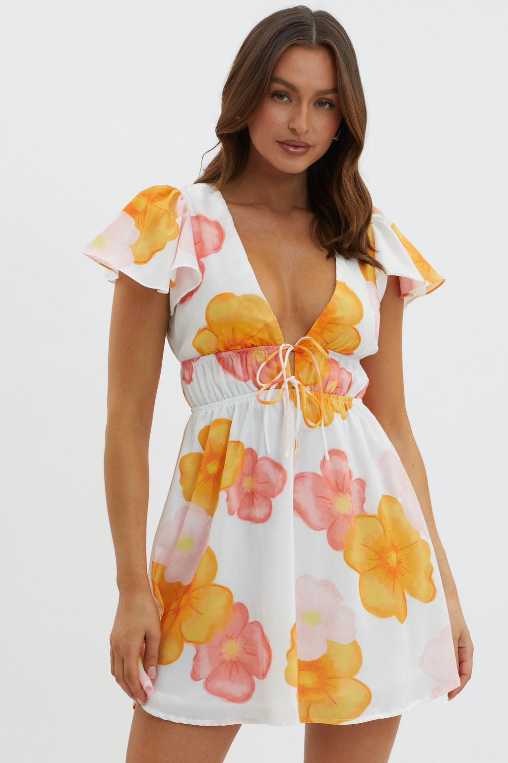 Carnivale Angel Sleeve Mini Dress Floral Orange by Selfie Leslie
