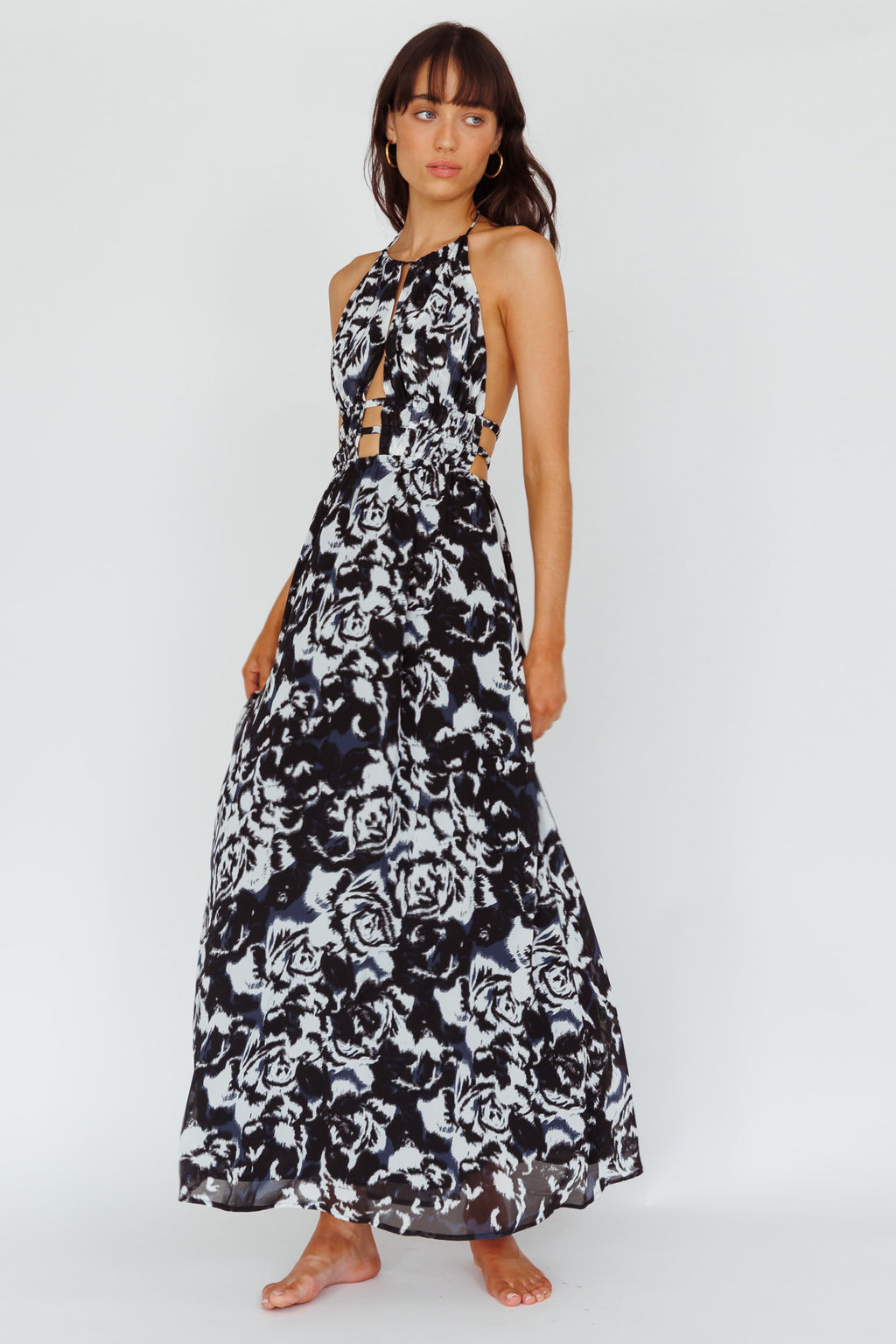 Cyndi Open Back Halterneck Maxi Dress Floral Black by Selfie Leslie
