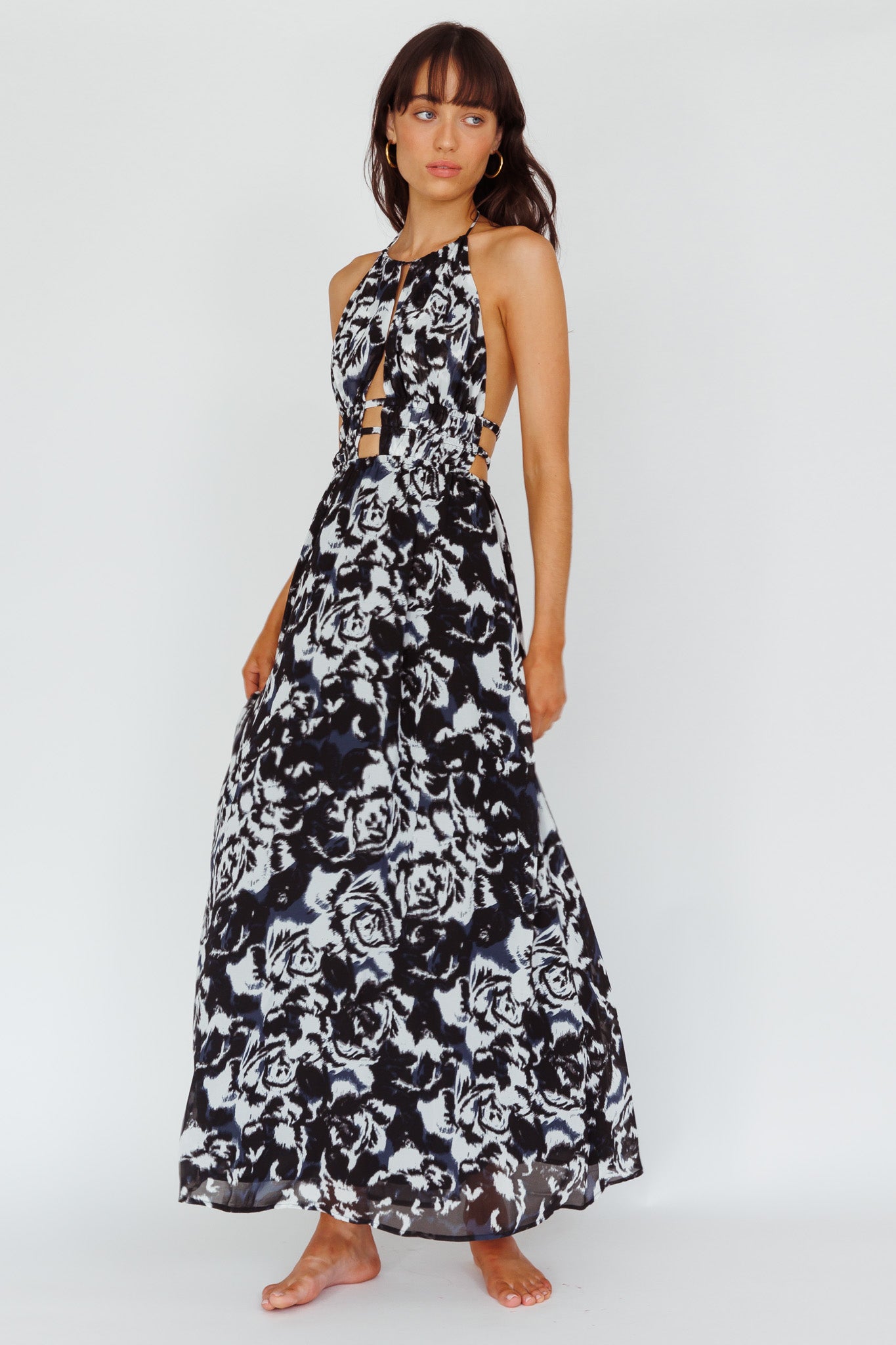 Cyndi Open Back Halterneck Maxi Dress Floral Black by Selfie Leslie