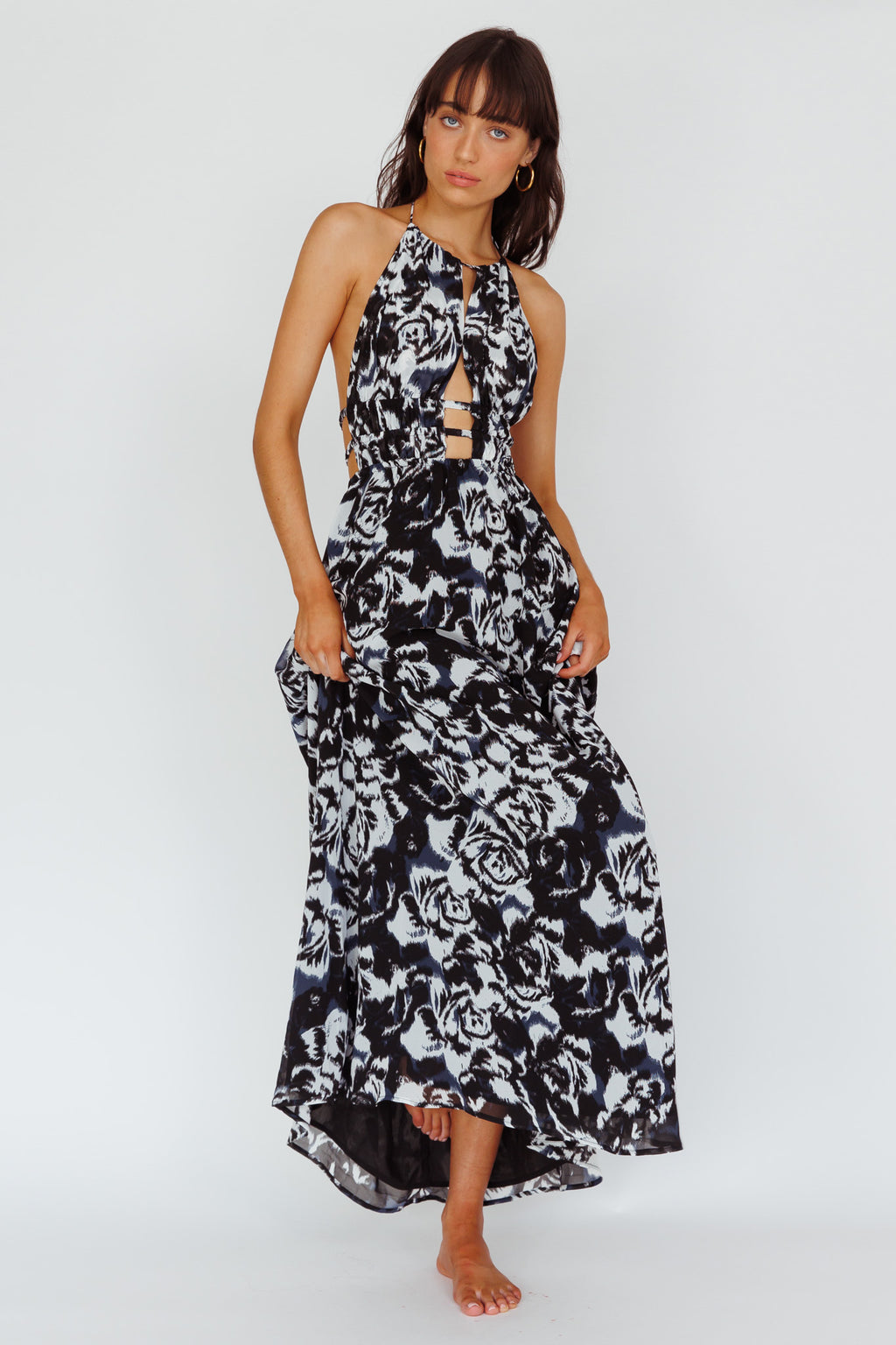 Cyndi Open Back Halterneck Maxi Dress Floral Black by Selfie Leslie