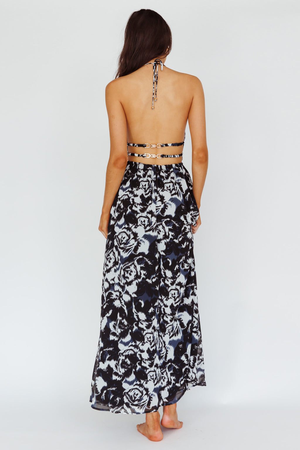 Cyndi Open Back Halterneck Maxi Dress Floral Black by Selfie Leslie