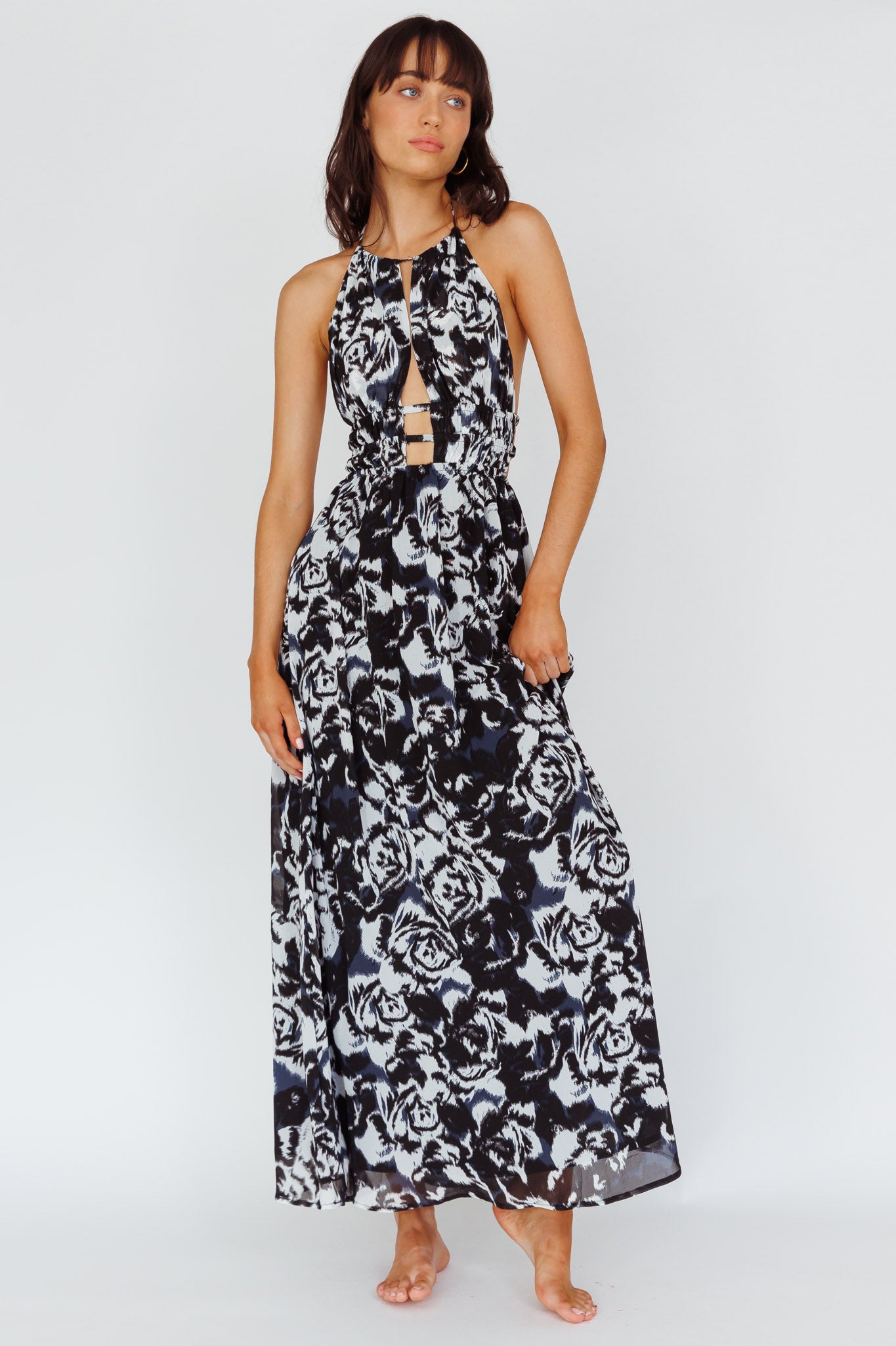 Cyndi Open Back Halterneck Maxi Dress Floral Black by Selfie Leslie