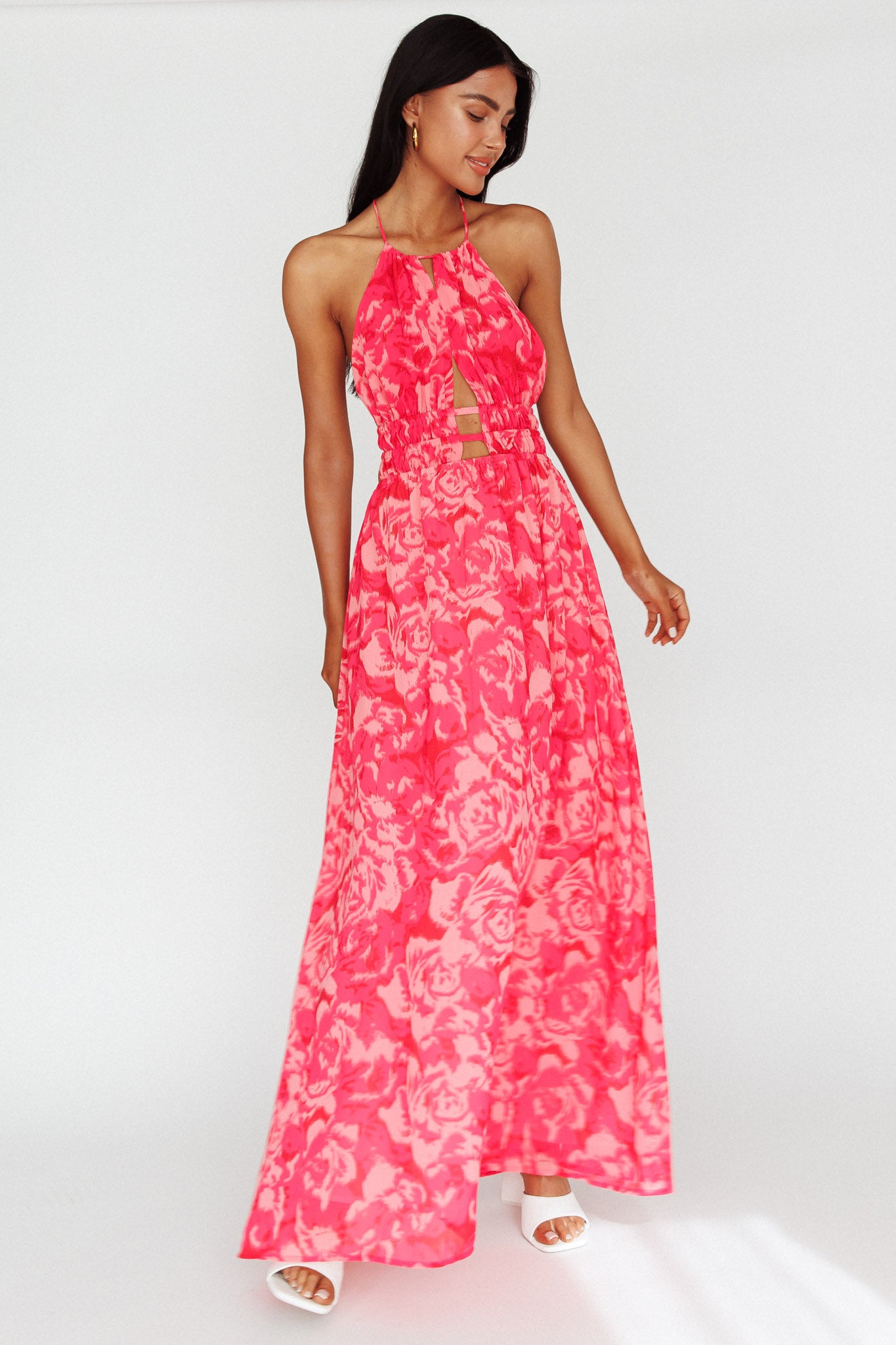 Cyndi Open Back Halterneck Maxi Dress Floral Pink by Selfie Leslie