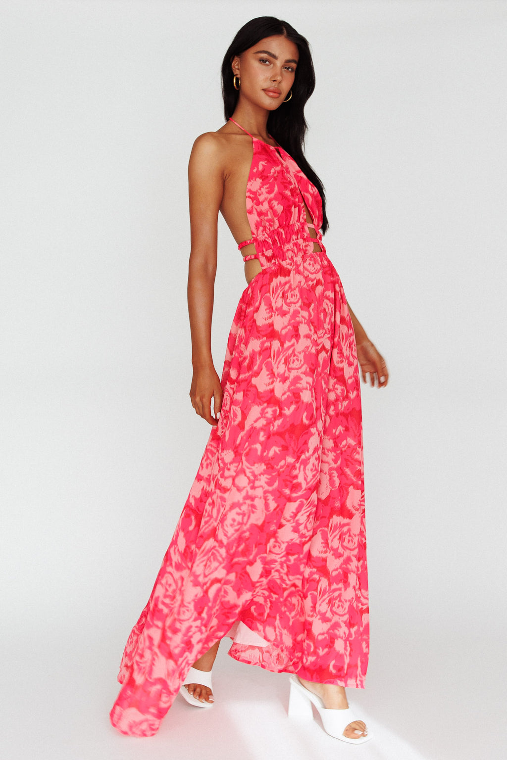 Cyndi Open Back Halterneck Maxi Dress Floral Pink by Selfie Leslie