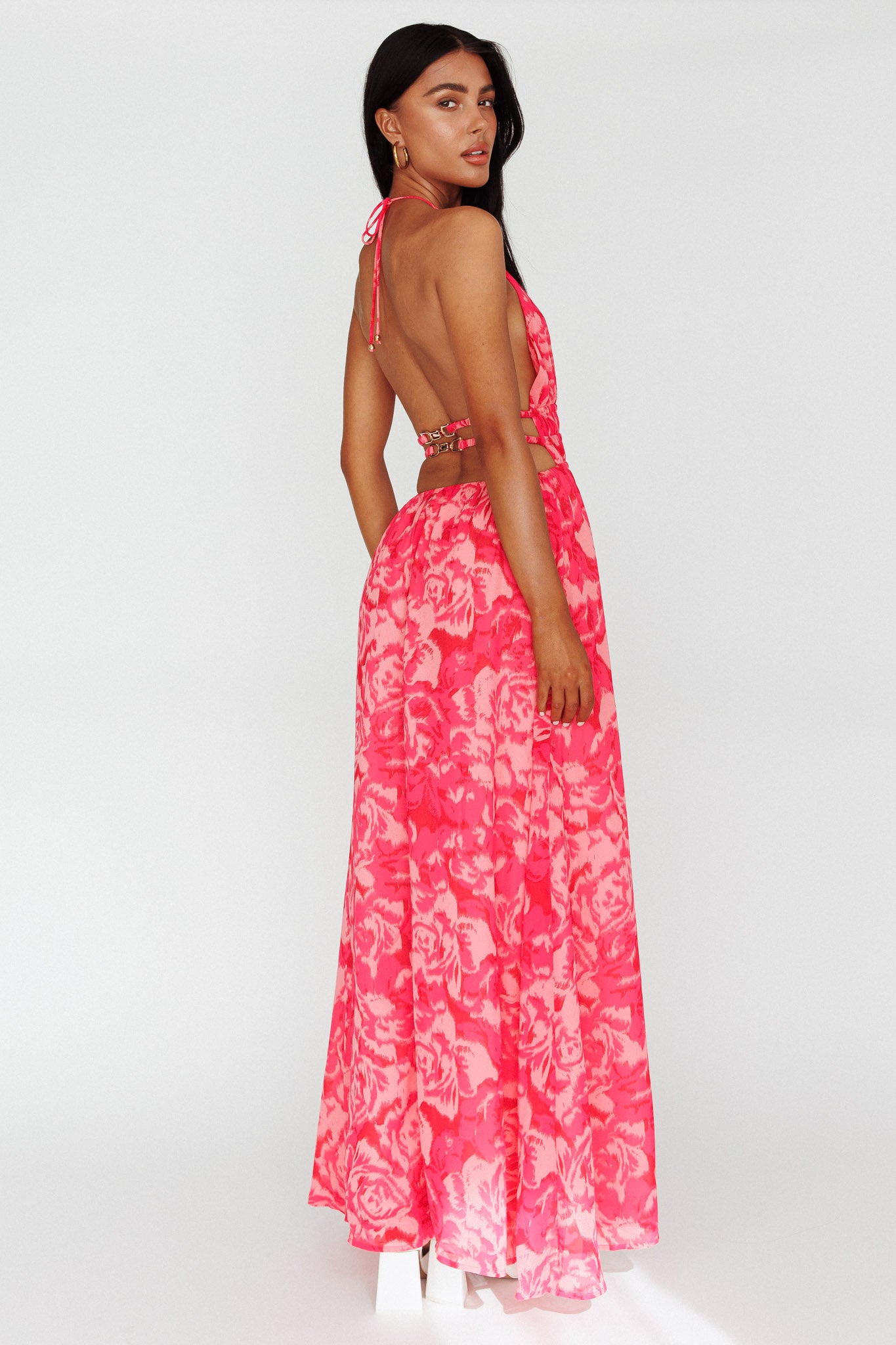 Cyndi Open Back Halterneck Maxi Dress Floral Pink by Selfie Leslie