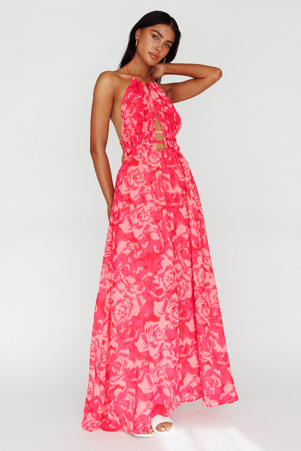 Cyndi Open Back Halterneck Maxi Dress Floral Pink by Selfie Leslie