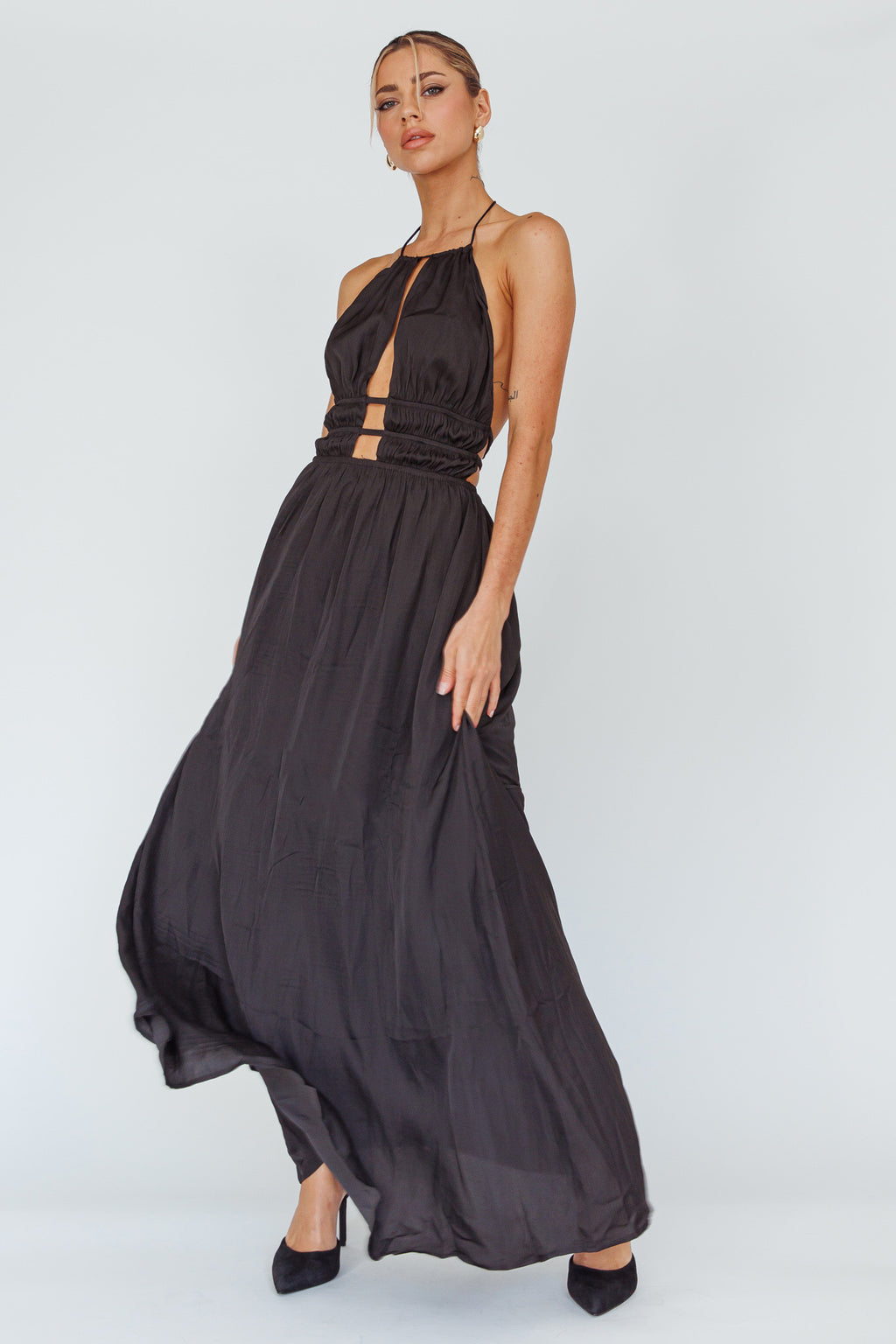 Cyndi Open Back Halterneck Maxi Dress Black by Selfie Leslie
